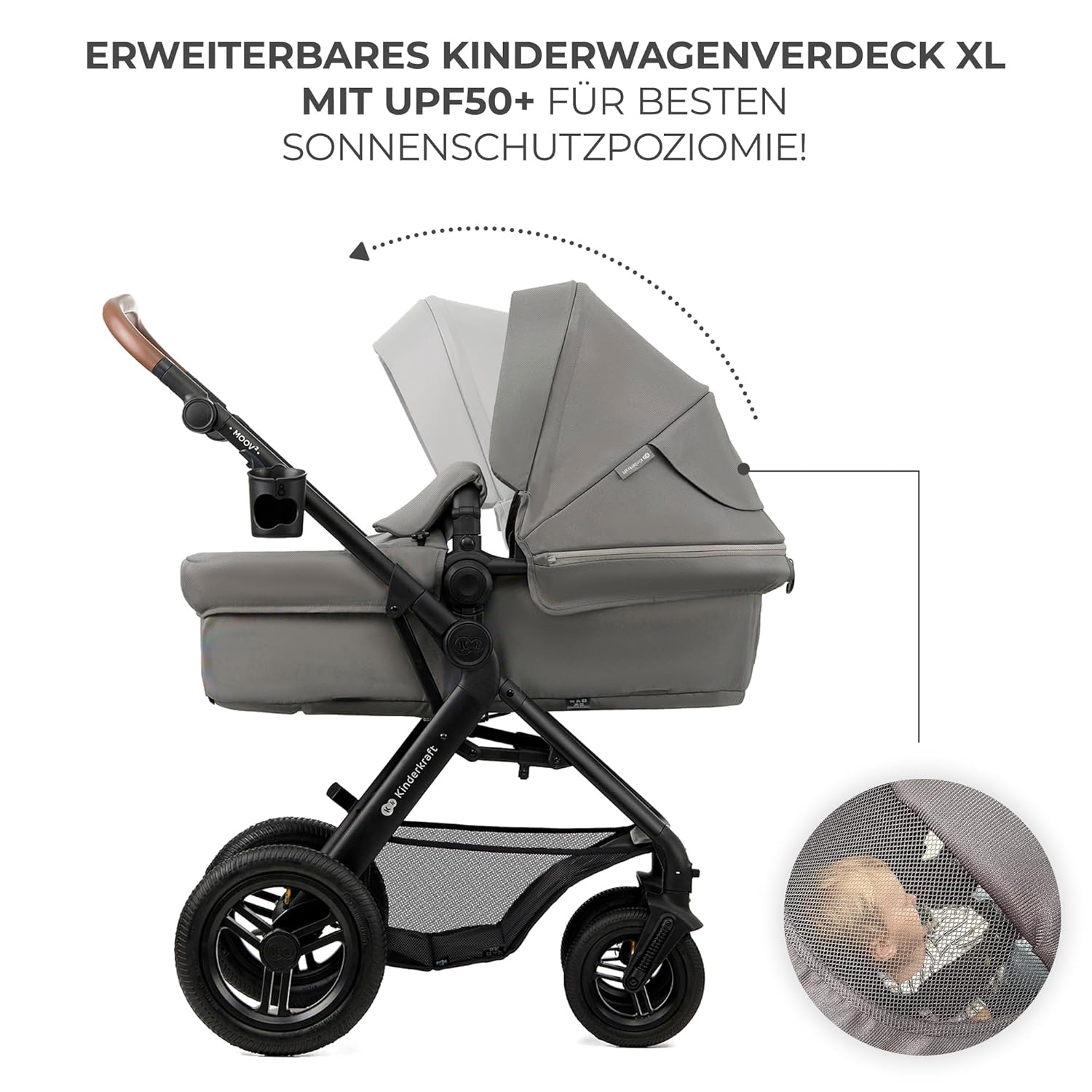 Kinderkraft MOOV2 AIR Kinderwagen 3 in 1 Kinderwagenset bis 26 kg mit Kindersitz I-SIZE 40-75 cm, Buggy Funktion, Liegeposition verstellbar, Große ausziehbare Verdeck, Aufblasbare Räder, Schwarz