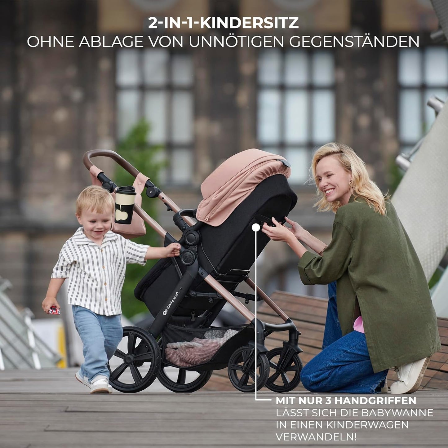 Kinderkraft MOOV2 AIR Kinderwagen 3 in 1 Kinderwagenset bis 26 kg mit Kindersitz I-SIZE 40-75 cm, Buggy Funktion, Liegeposition verstellbar, Große ausziehbare Verdeck, Aufblasbare Räder, Schwarz