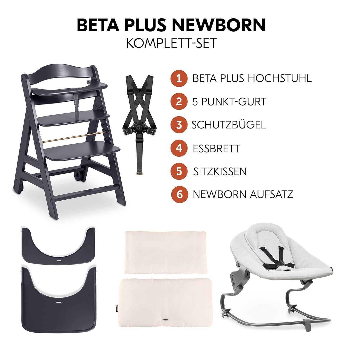 hauck Hochstuhl Beta+ Newborn Set Premium Dark Grey - Babyhochstuhl Set ab Geburt mit Neugeborenen Aufsatz Bouncer, Sitzpolster und Essbrett - Dark Grey