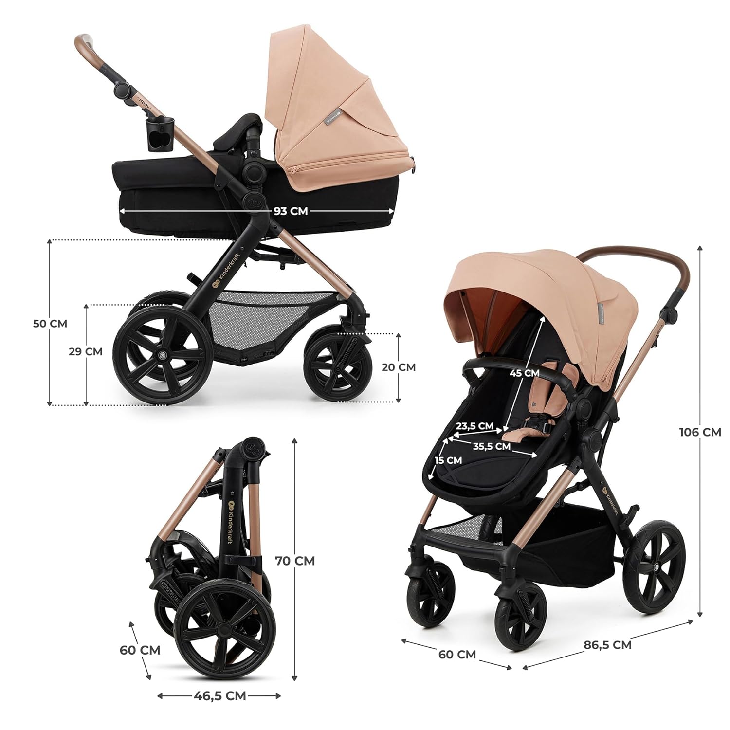 Kinderkraft MOOV2 AIR Kinderwagen 3 in 1 Kinderwagenset bis 26 kg mit Kindersitz I-SIZE 40-75 cm, Buggy Funktion, Liegeposition verstellbar, Große ausziehbare Verdeck, Aufblasbare Räder, Schwarz