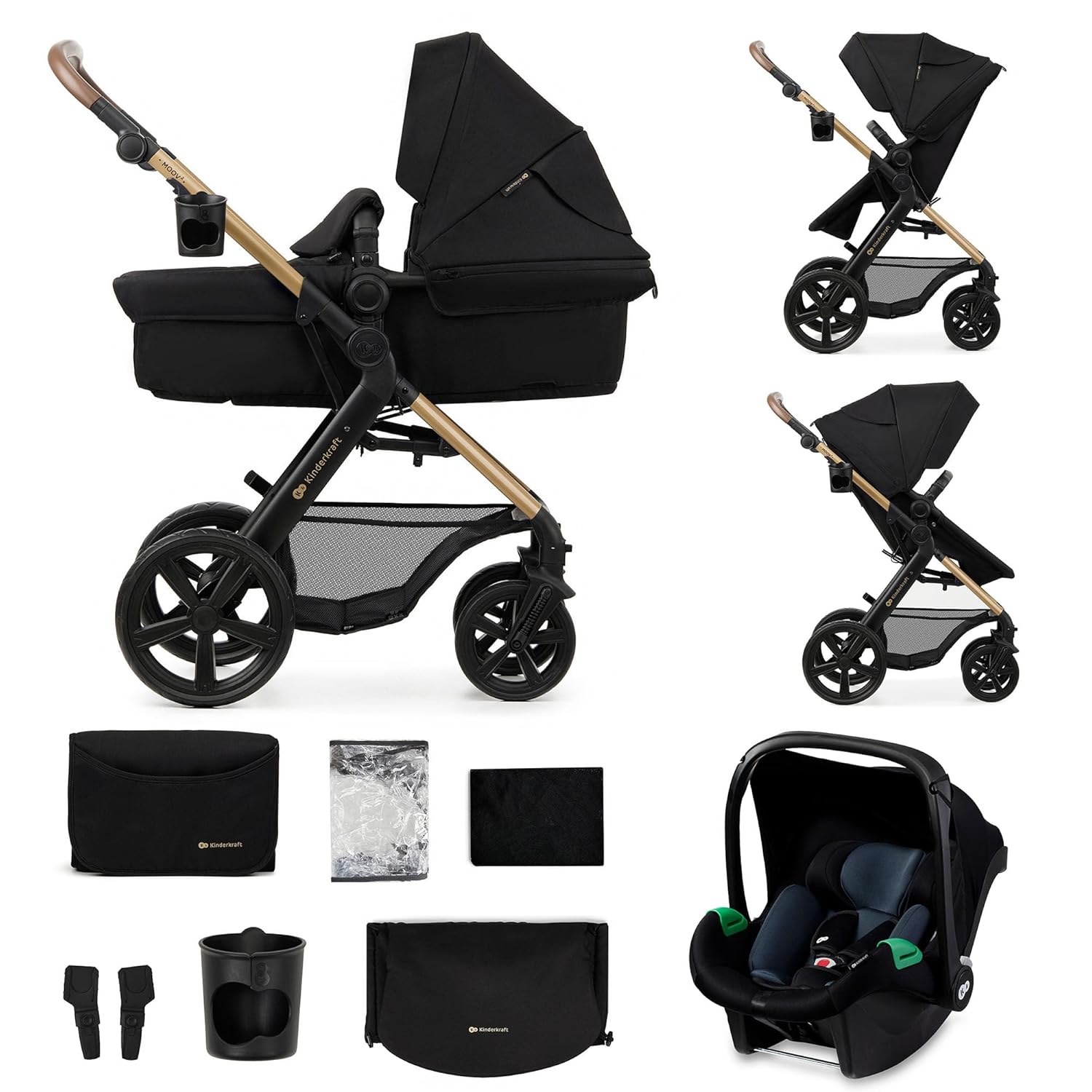 Kinderkraft MOOV2 AIR Kinderwagen 3 in 1 Kinderwagenset bis 26 kg mit Kindersitz I-SIZE 40-75 cm, Buggy Funktion, Liegeposition verstellbar, Große ausziehbare Verdeck, Aufblasbare Räder, Schwarz