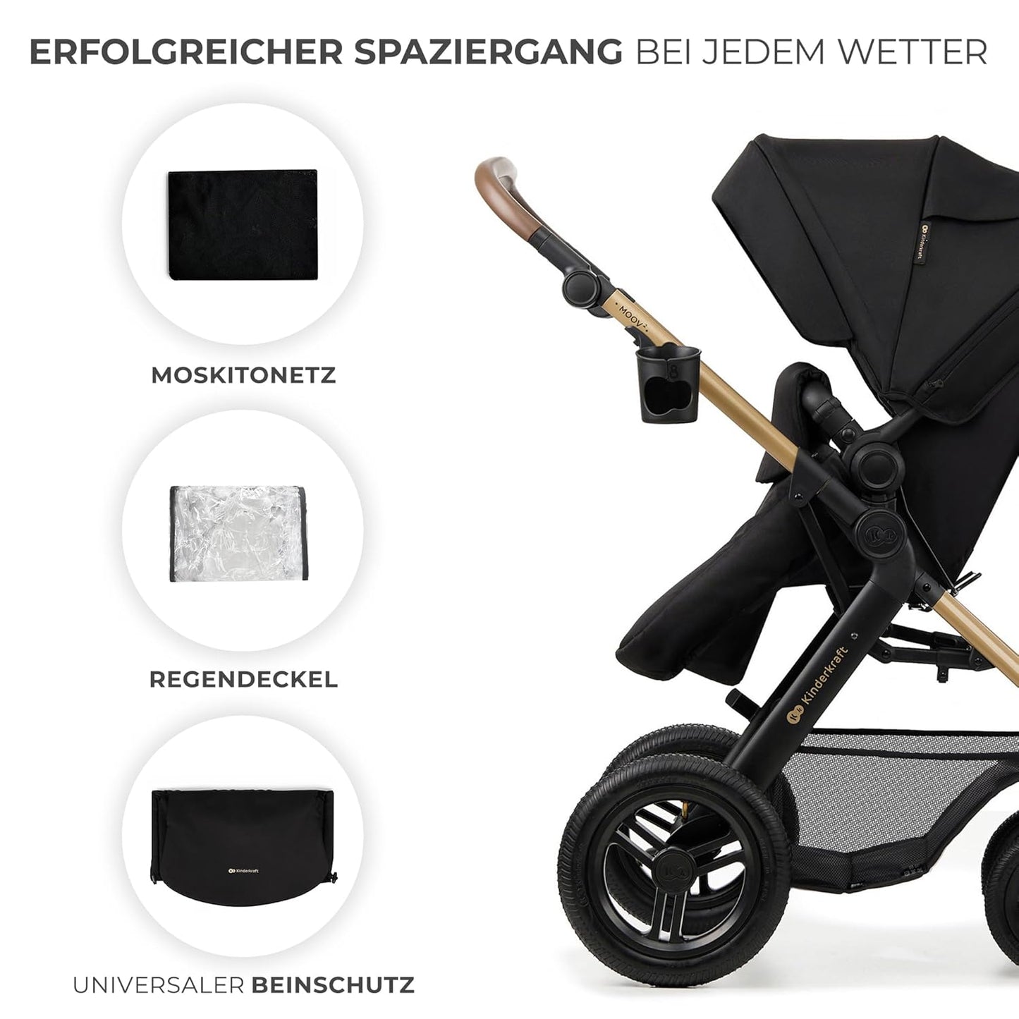 Kinderkraft MOOV2 AIR Kinderwagen 3 in 1 Kinderwagenset bis 26 kg mit Kindersitz I-SIZE 40-75 cm, Buggy Funktion, Liegeposition verstellbar, Große ausziehbare Verdeck, Aufblasbare Räder, Schwarz