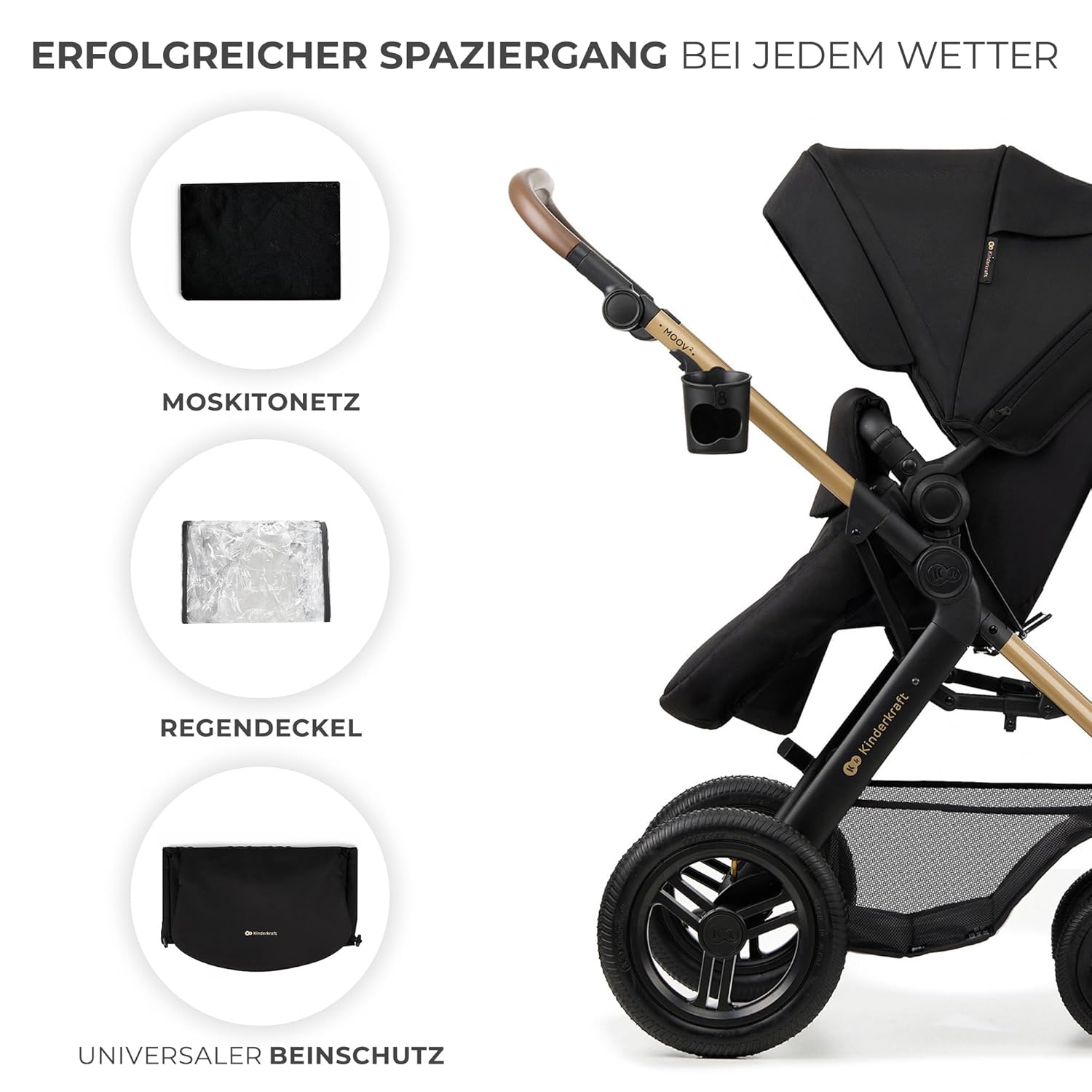 Kinderkraft MOOV2 AIR Kinderwagen 3 in 1 Kinderwagenset bis 26 kg mit Kindersitz I-SIZE 40-75 cm, Buggy Funktion, Liegeposition verstellbar, Große ausziehbare Verdeck, Aufblasbare Räder, Schwarz