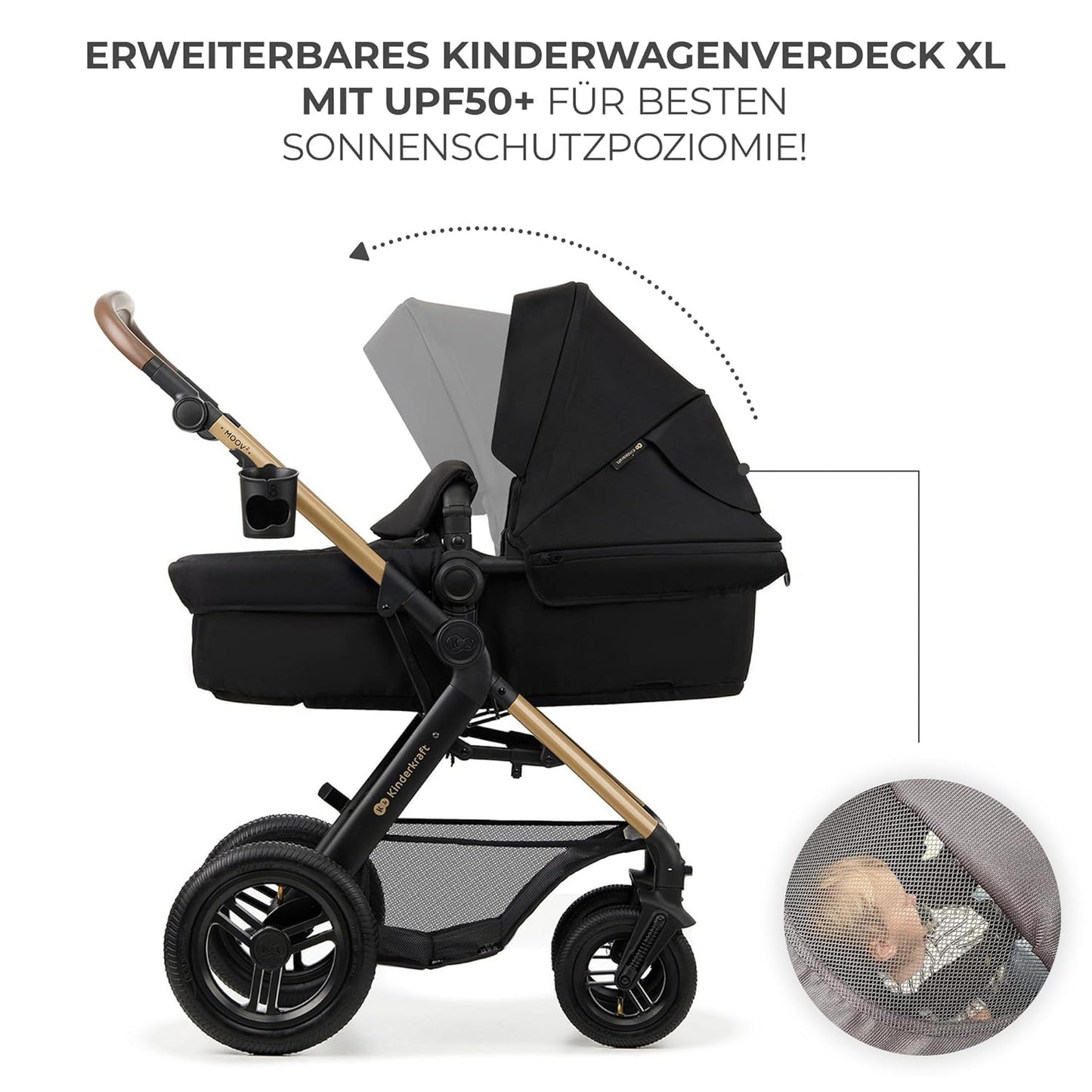 Kinderkraft MOOV2 AIR Kinderwagen 3 in 1 Kinderwagenset bis 26 kg mit Kindersitz I-SIZE 40-75 cm, Buggy Funktion, Liegeposition verstellbar, Große ausziehbare Verdeck, Aufblasbare Räder, Schwarz