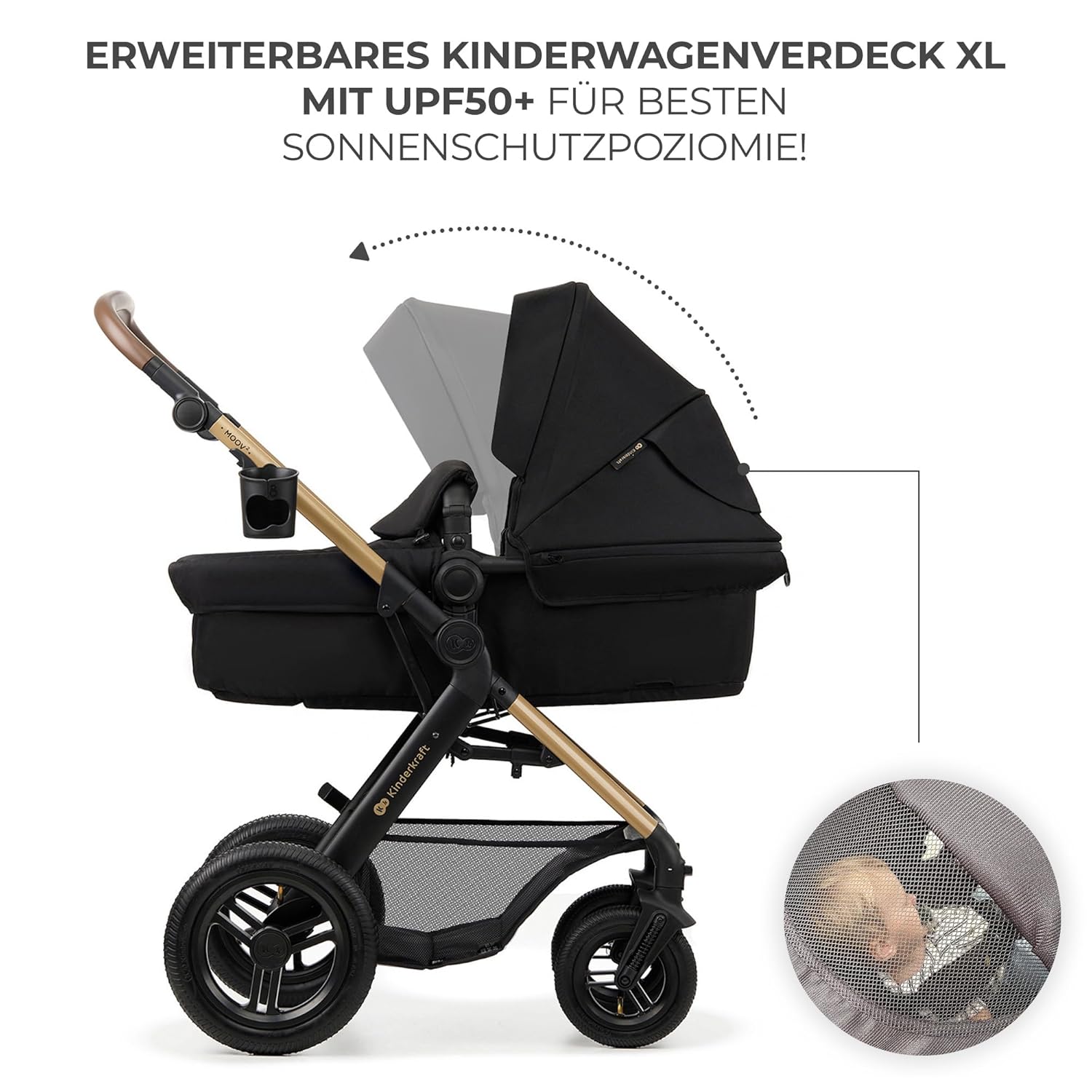 Kinderkraft MOOV2 AIR Kinderwagen 3 in 1 Kinderwagenset bis 26 kg mit Kindersitz I-SIZE 40-75 cm, Buggy Funktion, Liegeposition verstellbar, Große ausziehbare Verdeck, Aufblasbare Räder, Schwarz