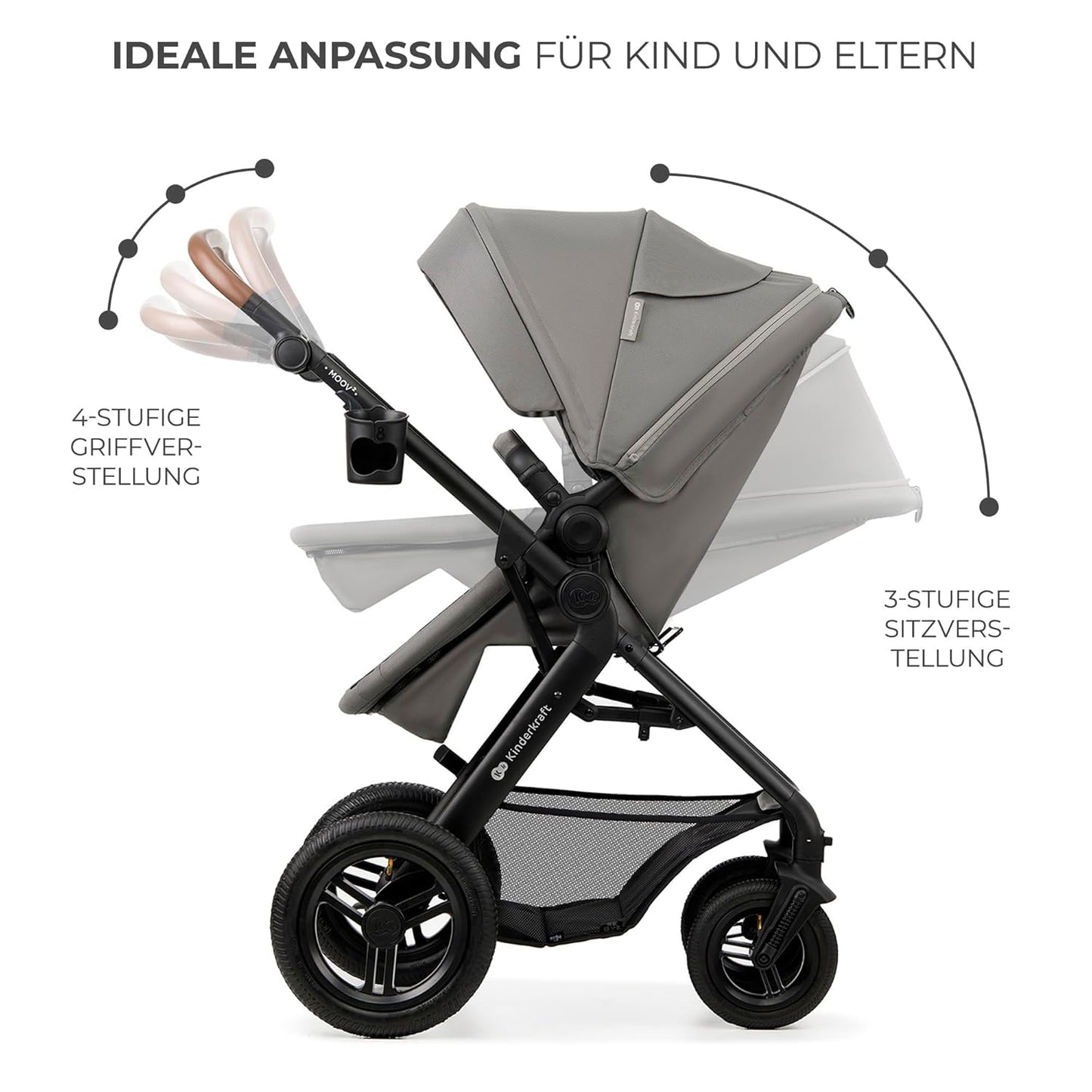Kinderkraft MOOV2 AIR Kinderwagen 3 in 1 Kinderwagenset bis 26 kg mit Kindersitz I-SIZE 40-75 cm, Buggy Funktion, Liegeposition verstellbar, Große ausziehbare Verdeck, Aufblasbare Räder, Schwarz