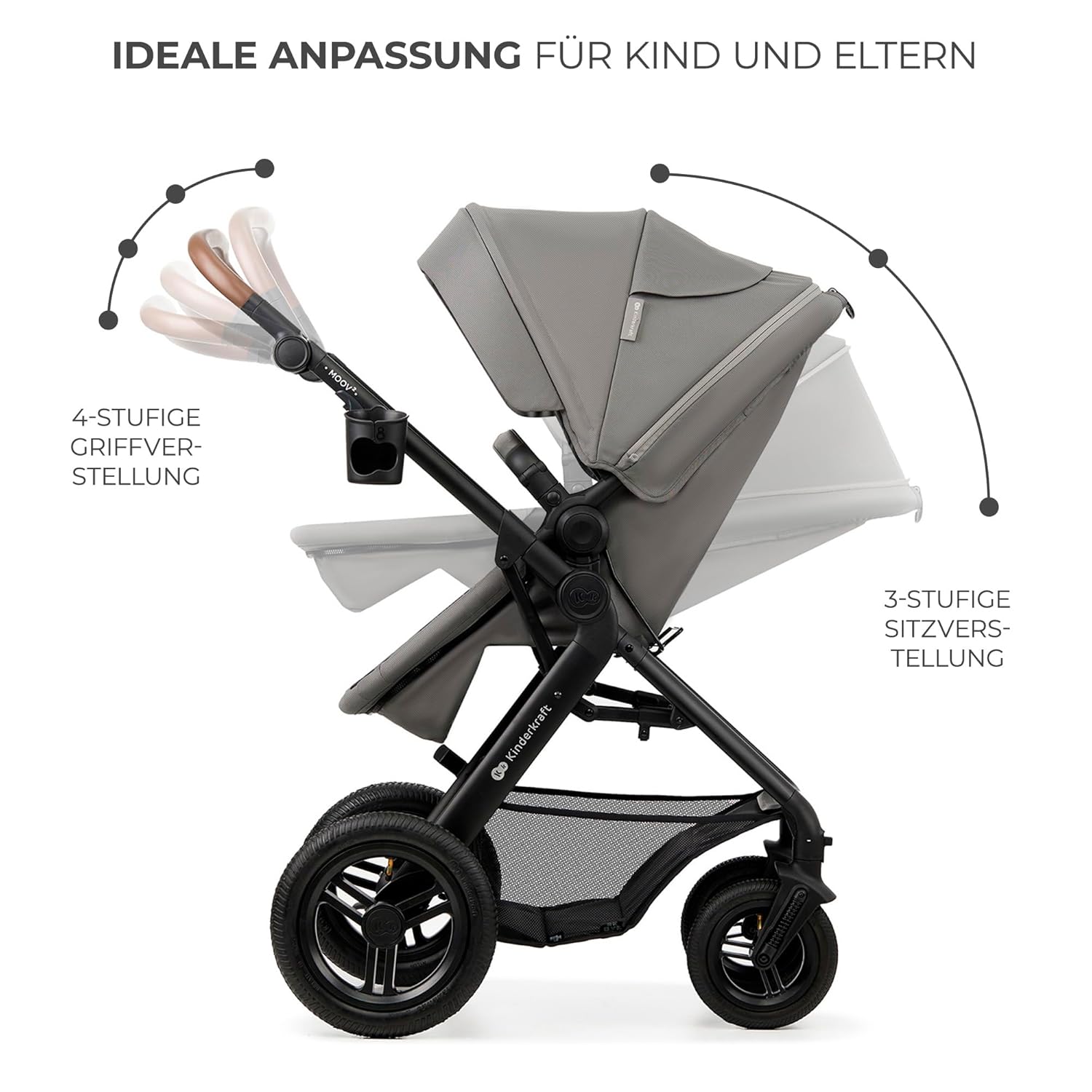 Kinderkraft MOOV2 AIR Kinderwagen 3 in 1 Kinderwagenset bis 26 kg mit Kindersitz I-SIZE 40-75 cm, Buggy Funktion, Liegeposition verstellbar, Große ausziehbare Verdeck, Aufblasbare Räder, Schwarz