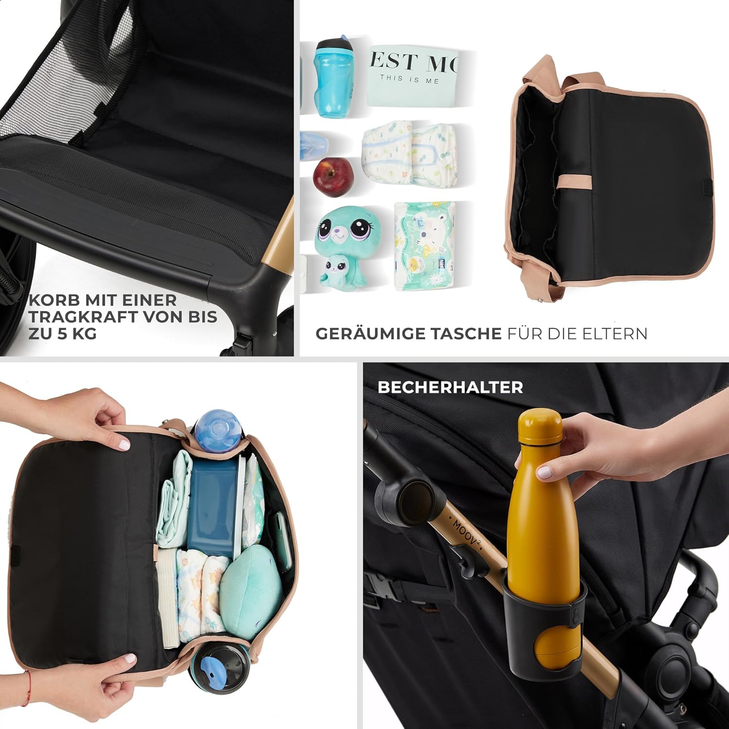 Kinderkraft MOOV2 AIR Kinderwagen 3 in 1 Kinderwagenset bis 26 kg mit Kindersitz I-SIZE 40-75 cm, Buggy Funktion, Liegeposition verstellbar, Große ausziehbare Verdeck, Aufblasbare Räder, Schwarz
