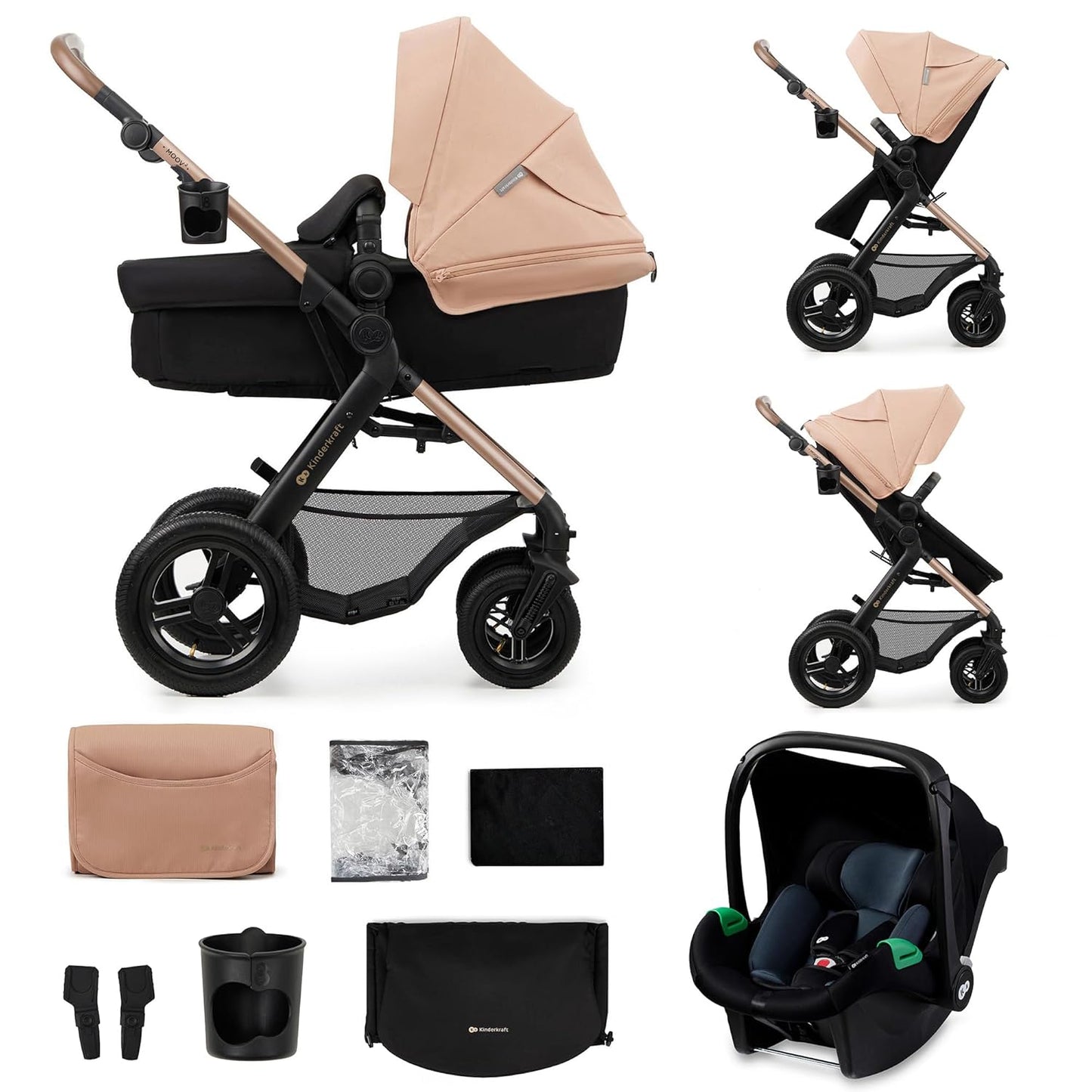 Kinderkraft MOOV2 AIR Kinderwagen 3 in 1 Kinderwagenset bis 26 kg mit Kindersitz I-SIZE 40-75 cm, Buggy Funktion, Liegeposition verstellbar, Große ausziehbare Verdeck, Aufblasbare Räder, Schwarz