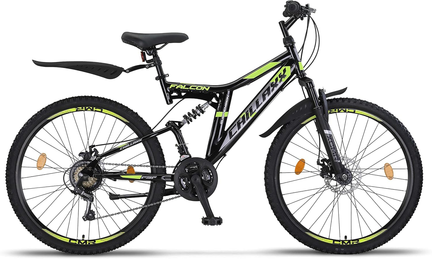 Chillaxx Bike Falcon Premium Mountainbike in 24,26,27.5 und 29 Zoll - Fahrrad für Jungen, Mädchen, Damen und Herren - Scheibenbremse- 21 Gang-Schaltung - Vollfederung