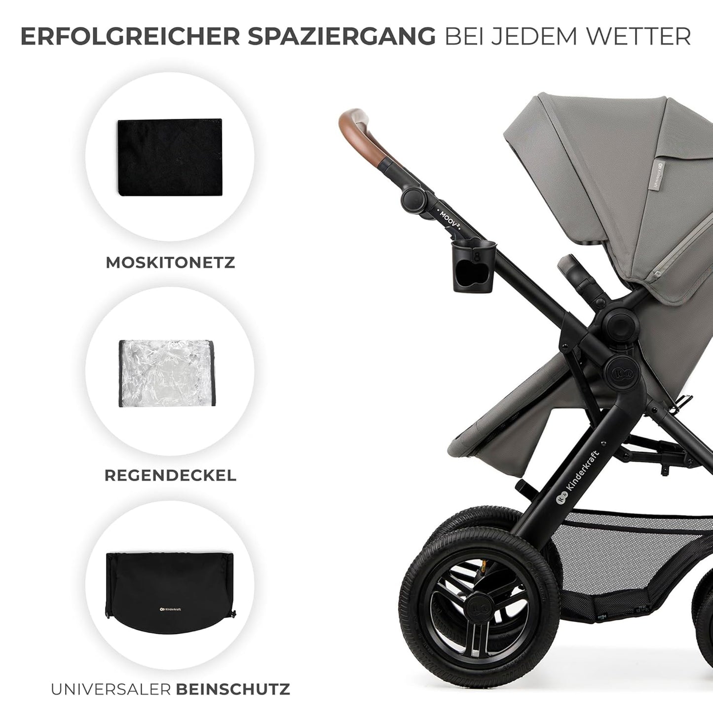 Kinderkraft MOOV2 AIR Kinderwagen 3 in 1 Kinderwagenset bis 26 kg mit Kindersitz I-SIZE 40-75 cm, Buggy Funktion, Liegeposition verstellbar, Große ausziehbare Verdeck, Aufblasbare Räder, Schwarz