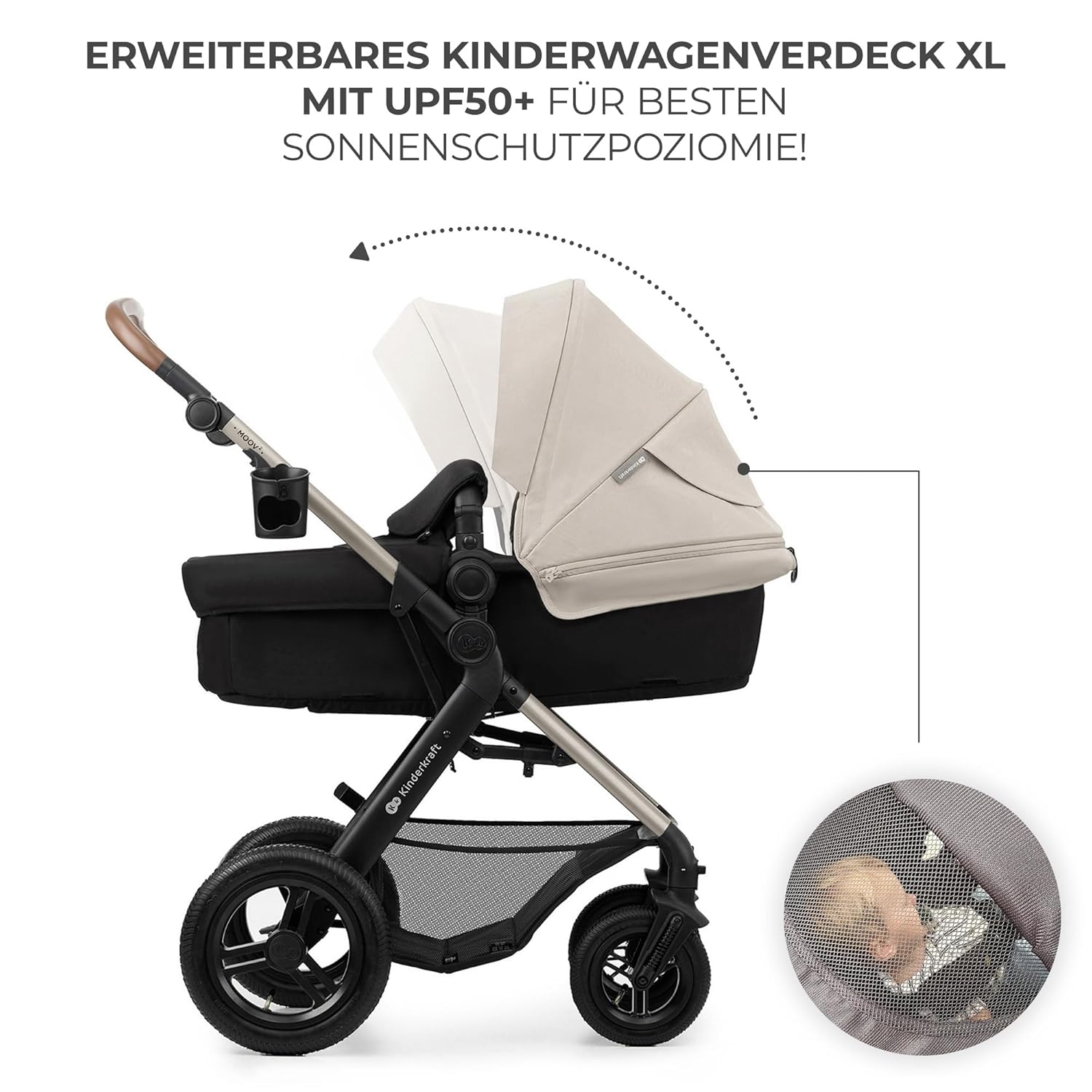 Kinderkraft MOOV2 AIR Kinderwagen 3 in 1 Kinderwagenset bis 26 kg mit Kindersitz I-SIZE 40-75 cm, Buggy Funktion, Liegeposition verstellbar, Große ausziehbare Verdeck, Aufblasbare Räder, Schwarz