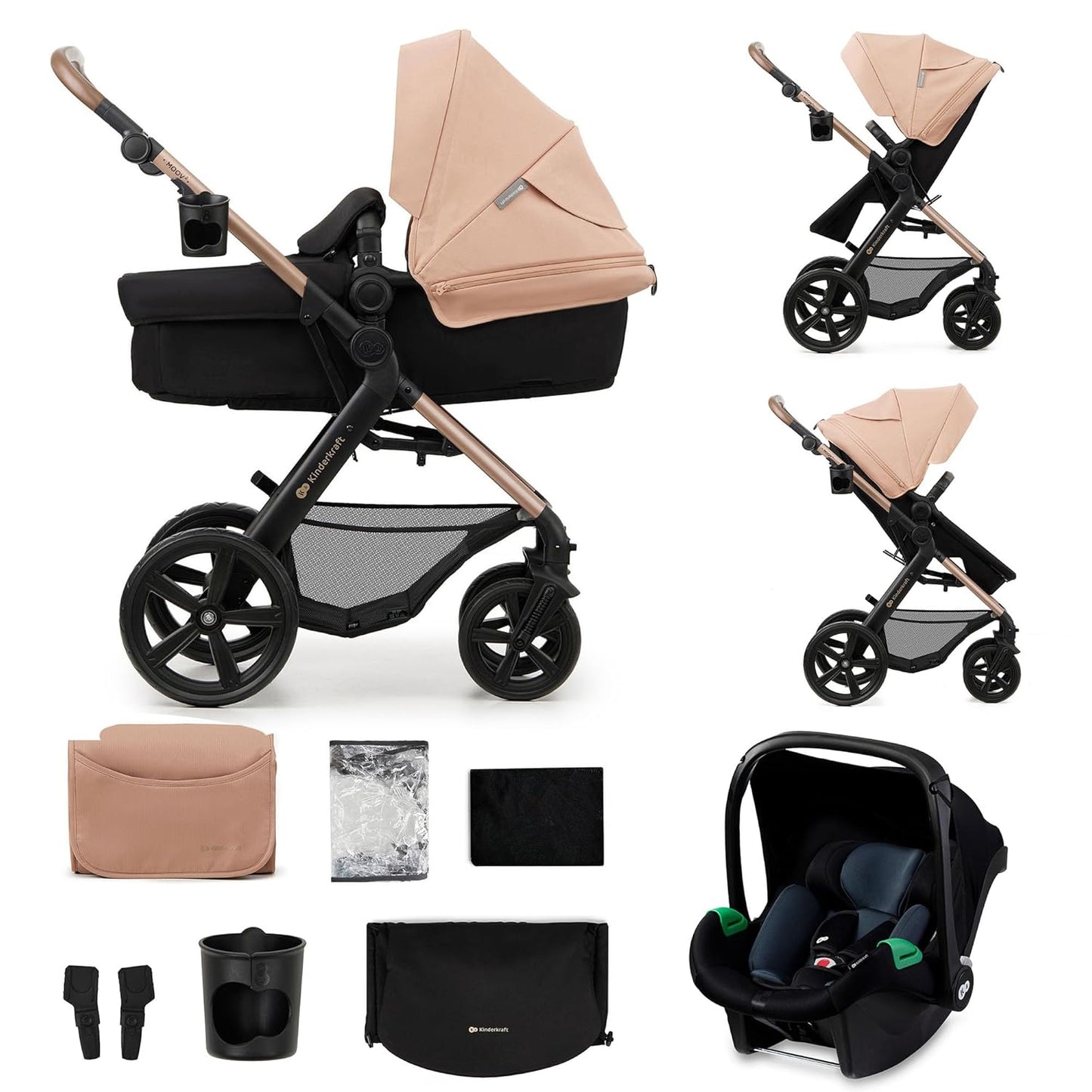 Kinderkraft MOOV2 AIR Kinderwagen 3 in 1 Kinderwagenset bis 26 kg mit Kindersitz I-SIZE 40-75 cm, Buggy Funktion, Liegeposition verstellbar, Große ausziehbare Verdeck, Aufblasbare Räder, Schwarz
