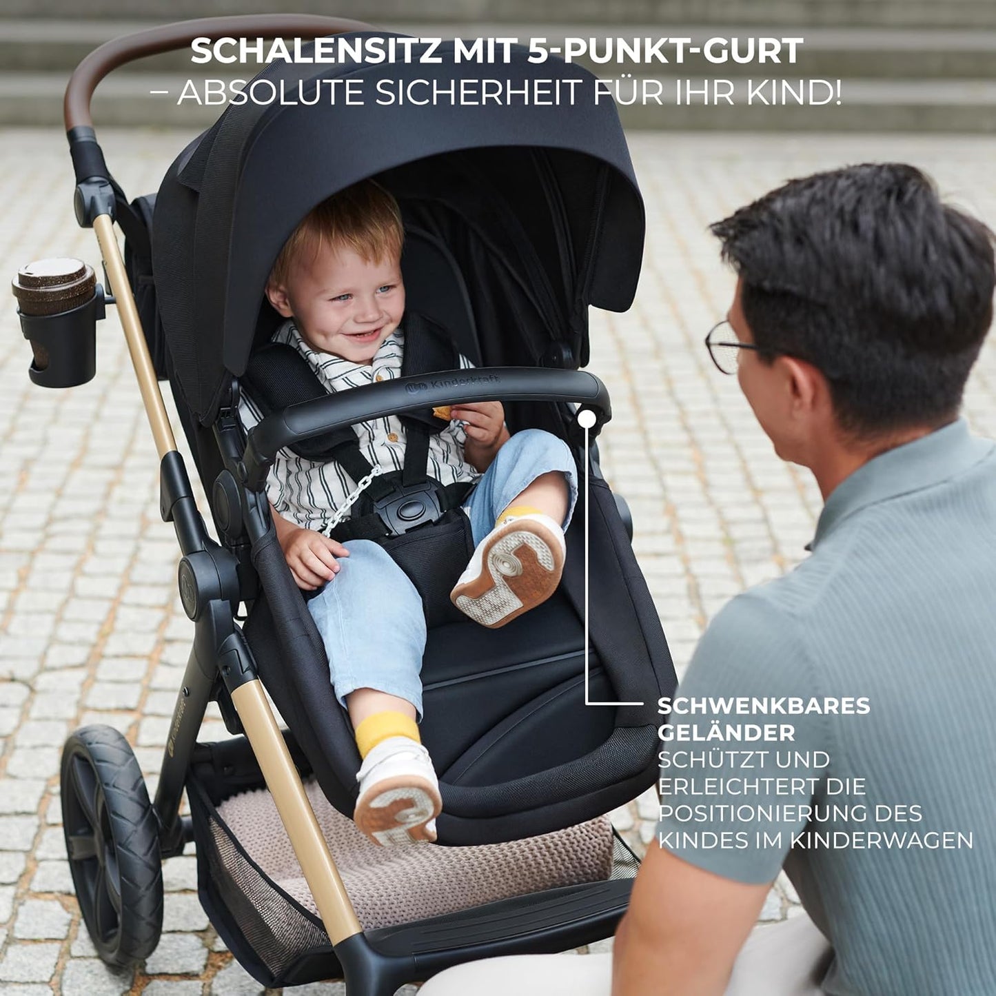 Kinderkraft MOOV2 AIR Kinderwagen 3 in 1 Kinderwagenset bis 26 kg mit Kindersitz I-SIZE 40-75 cm, Buggy Funktion, Liegeposition verstellbar, Große ausziehbare Verdeck, Aufblasbare Räder, Schwarz