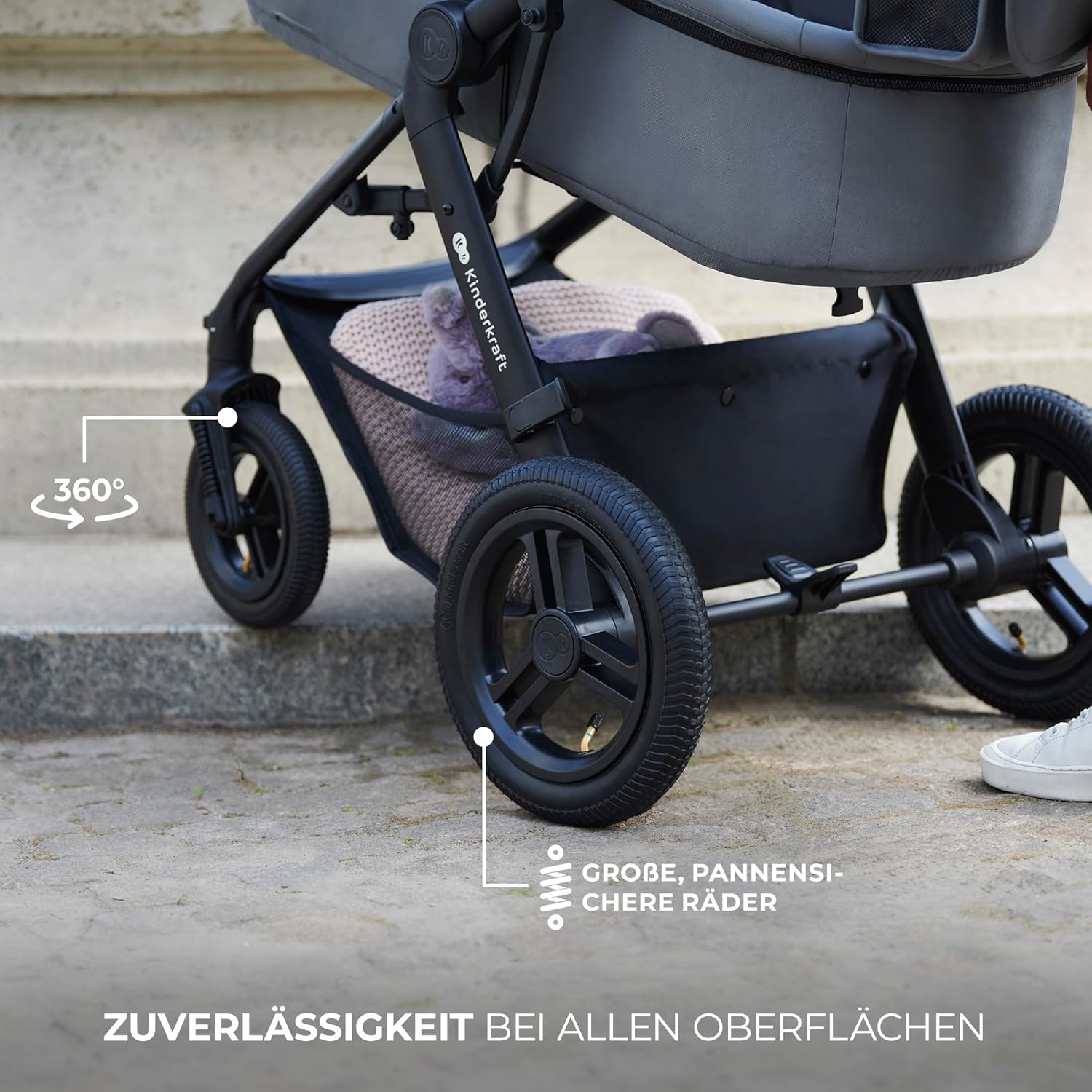 Kinderkraft MOOV2 AIR Kinderwagen 3 in 1 Kinderwagenset bis 26 kg mit Kindersitz I-SIZE 40-75 cm, Buggy Funktion, Liegeposition verstellbar, Große ausziehbare Verdeck, Aufblasbare Räder, Schwarz