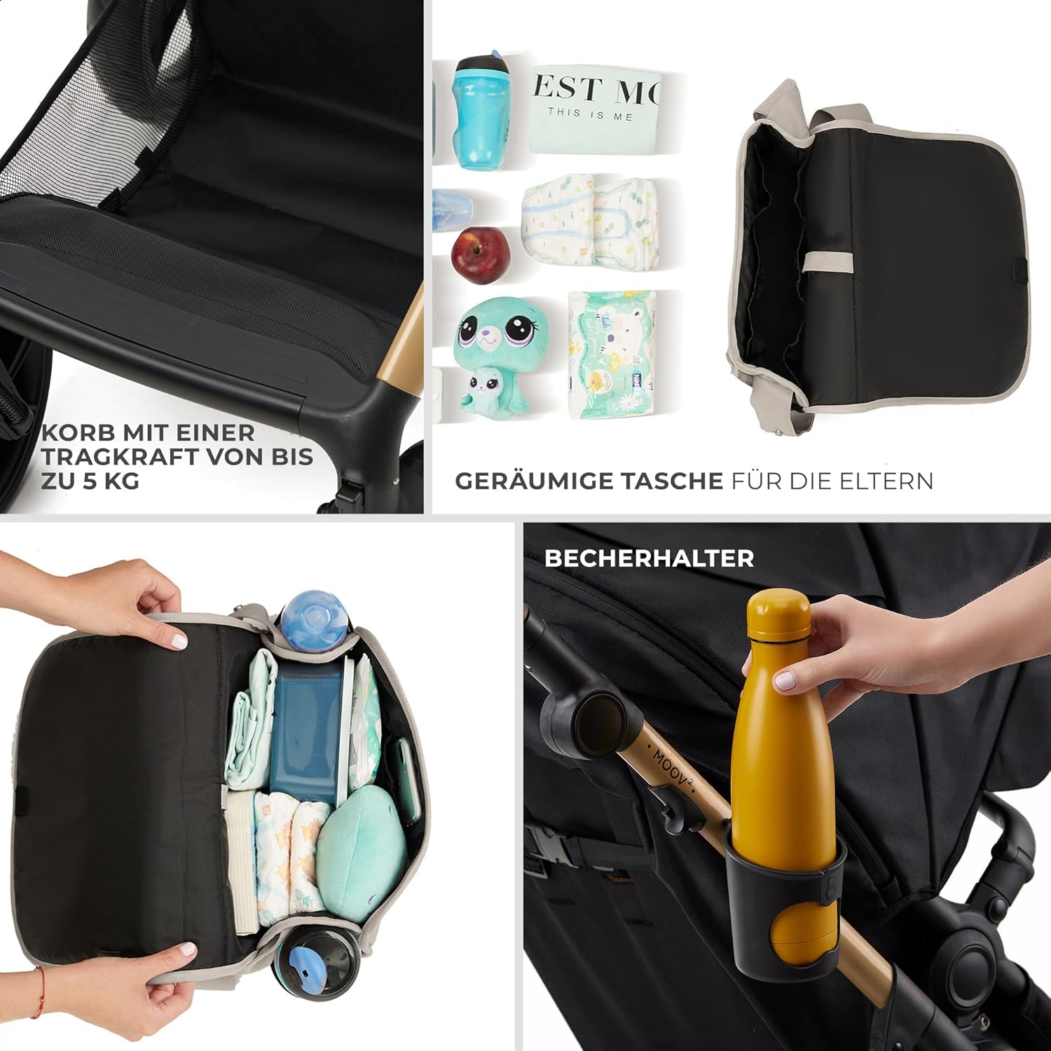 Kinderkraft MOOV2 AIR Kinderwagen 3 in 1 Kinderwagenset bis 26 kg mit Kindersitz I-SIZE 40-75 cm, Buggy Funktion, Liegeposition verstellbar, Große ausziehbare Verdeck, Aufblasbare Räder, Schwarz