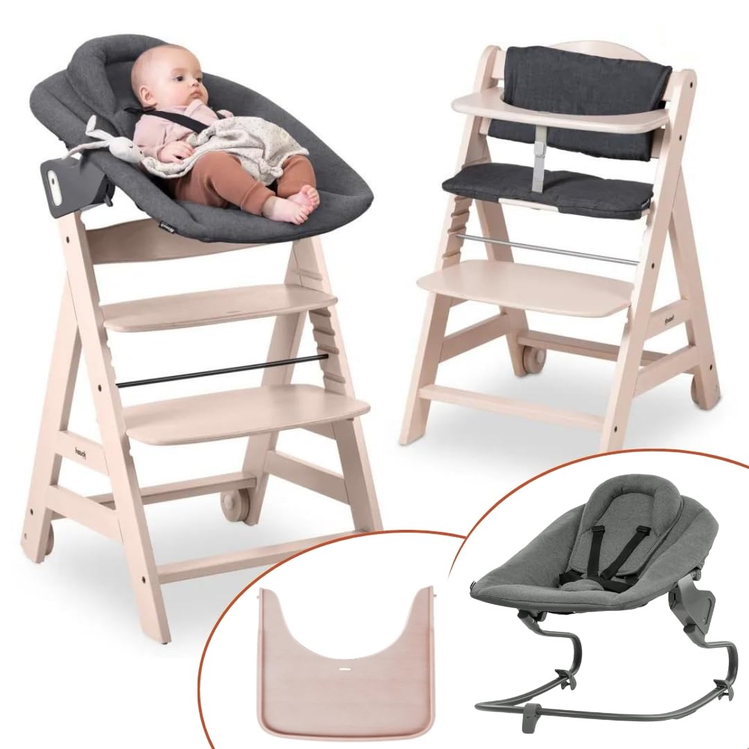 hauck Hochstuhl Beta+ Newborn Set Premium Dark Grey - Babyhochstuhl Set ab Geburt mit Neugeborenen Aufsatz Bouncer, Sitzpolster und Essbrett - Dark Grey