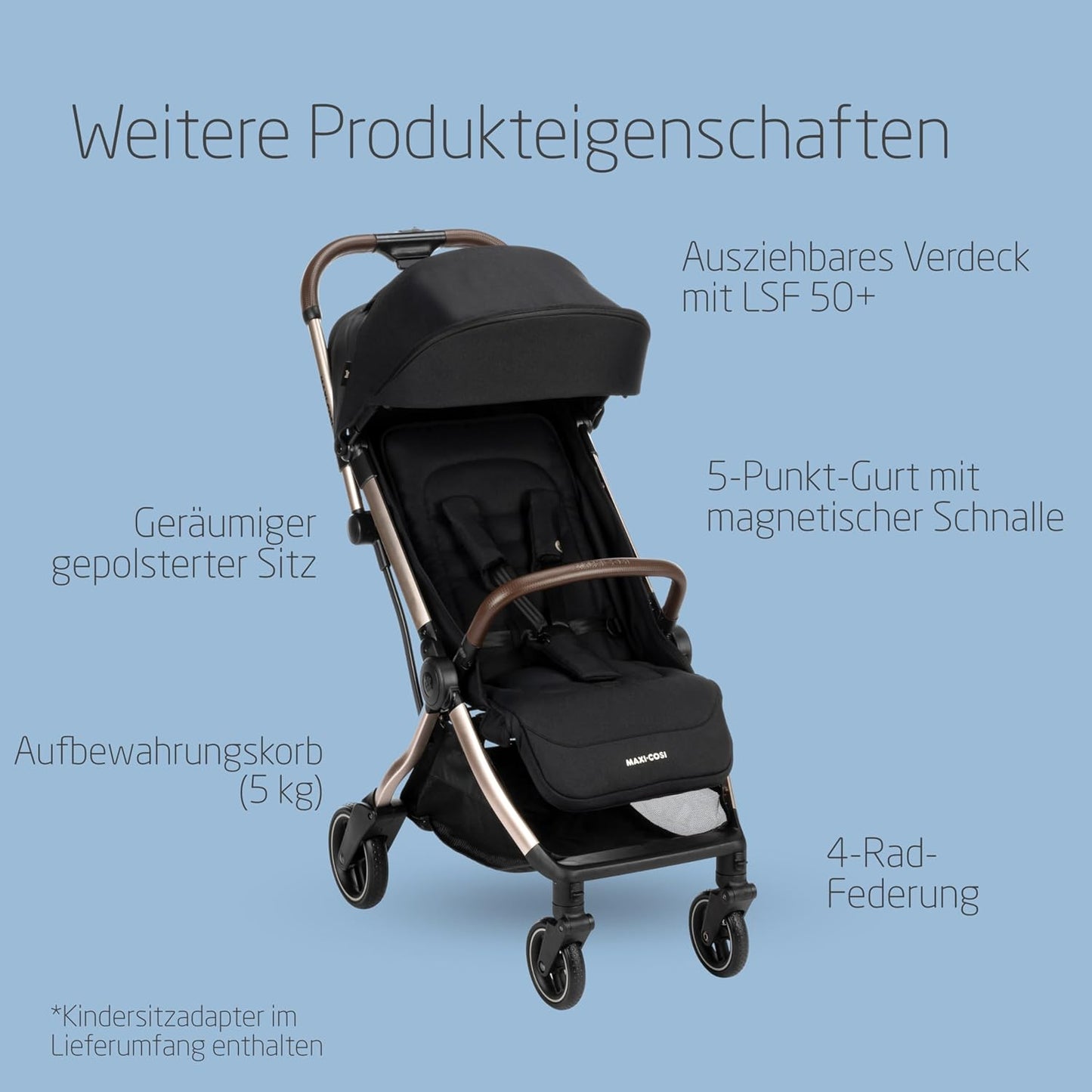 Maxi-Cosi Lara2 Baby Kinderwagen, 0–4 Jahre, 0–22 kg, federleichter, kompakter Buggy, 3 Liegepositionen, flache Liegeposition, klein zusammenklappbar, Schultergurt, Essential Graphite