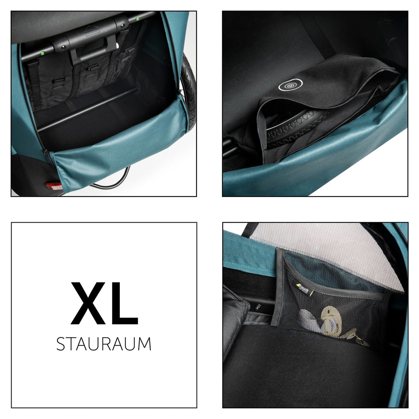 hauck Fahrradanhänger & Kinderwagen Dryk Duo Plus mit Federung, für 2 Kinder (6-48 Monate), inkl. Deichsel, Buggyrad, Fahne und LED Licht, Faltbar, Höhenverstellbar, XL Kofferaum (Dark Green)