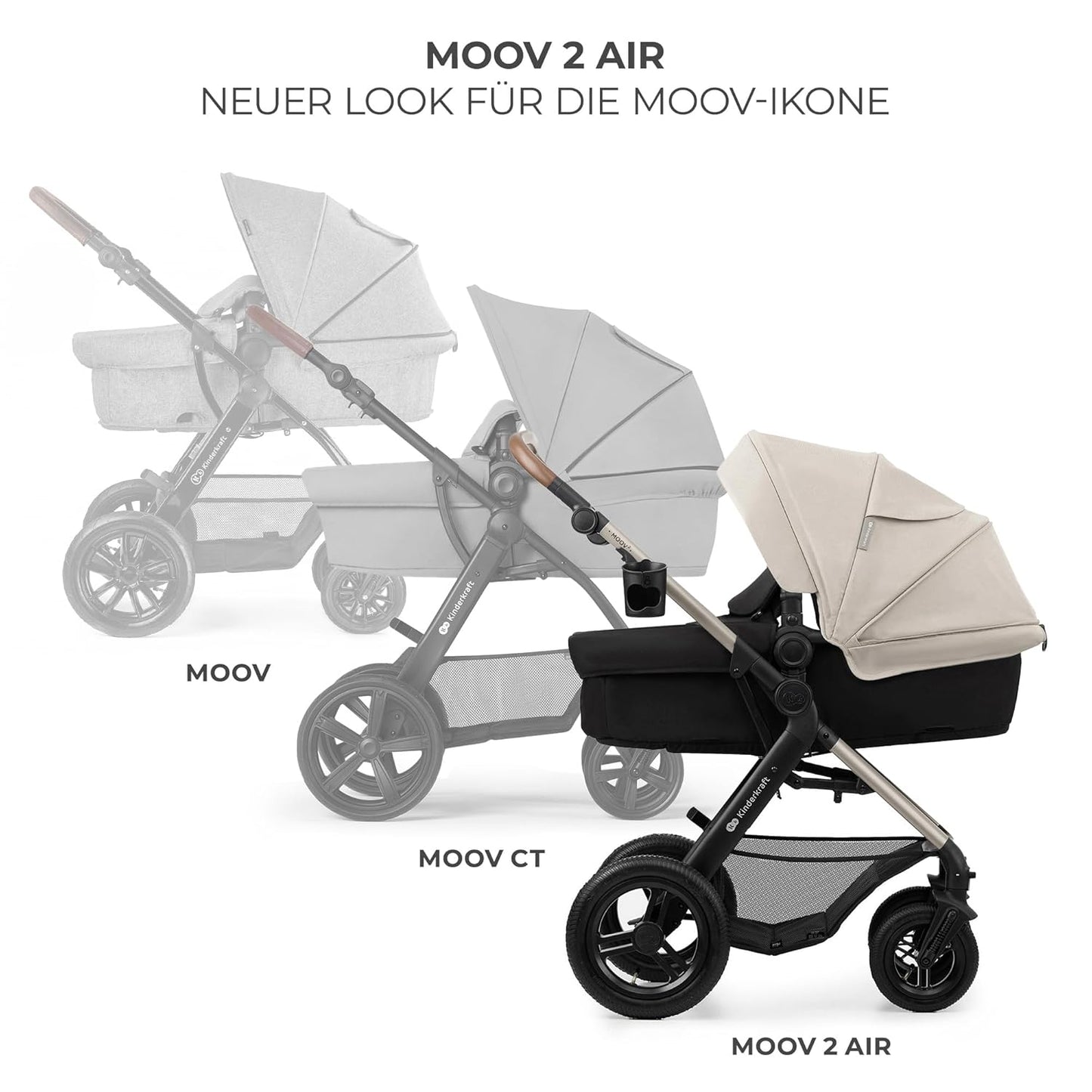 Kinderkraft MOOV2 AIR Kinderwagen 3 in 1 Kinderwagenset bis 26 kg mit Kindersitz I-SIZE 40-75 cm, Buggy Funktion, Liegeposition verstellbar, Große ausziehbare Verdeck, Aufblasbare Räder, Schwarz