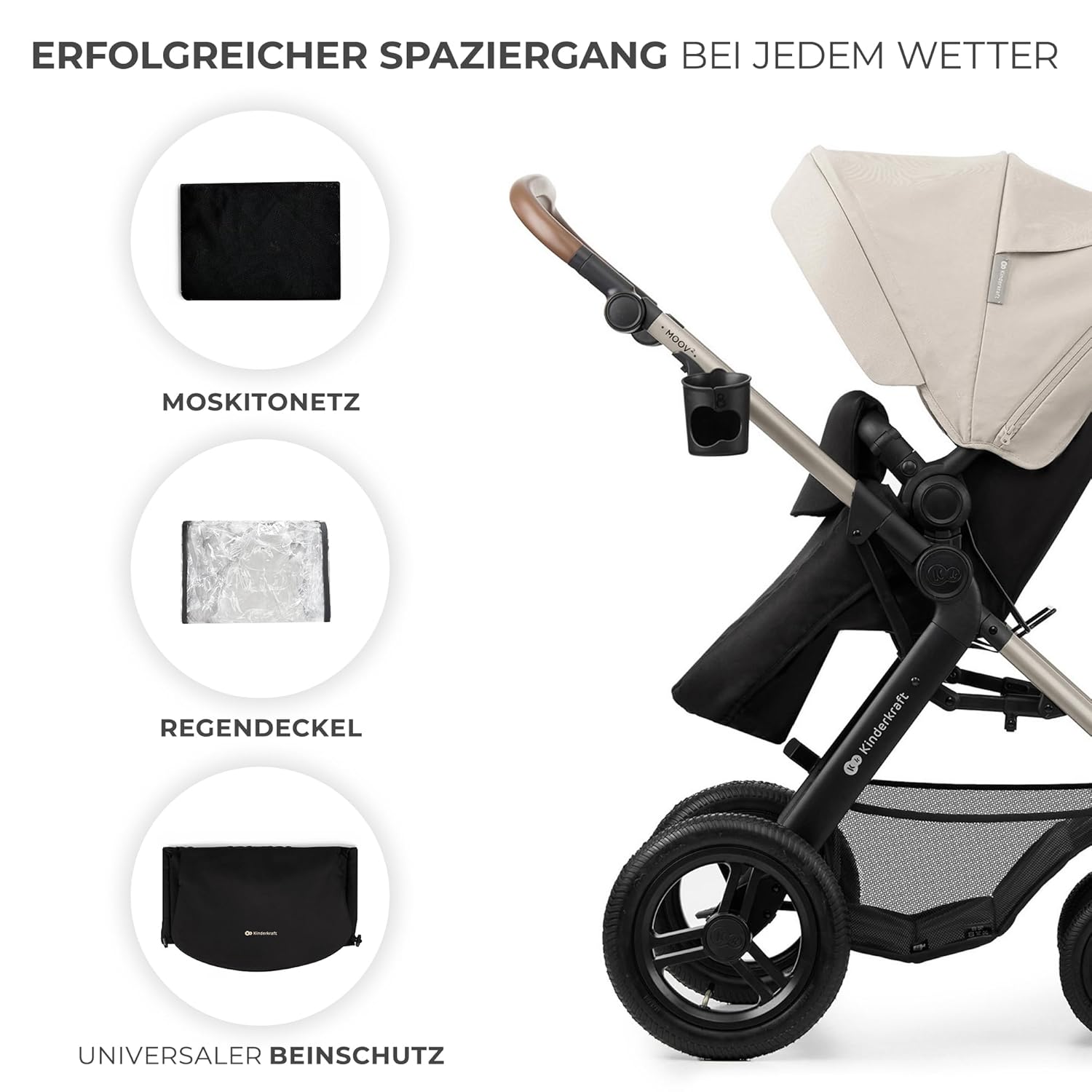 Kinderkraft MOOV2 AIR Kinderwagen 3 in 1 Kinderwagenset bis 26 kg mit Kindersitz I-SIZE 40-75 cm, Buggy Funktion, Liegeposition verstellbar, Große ausziehbare Verdeck, Aufblasbare Räder, Schwarz