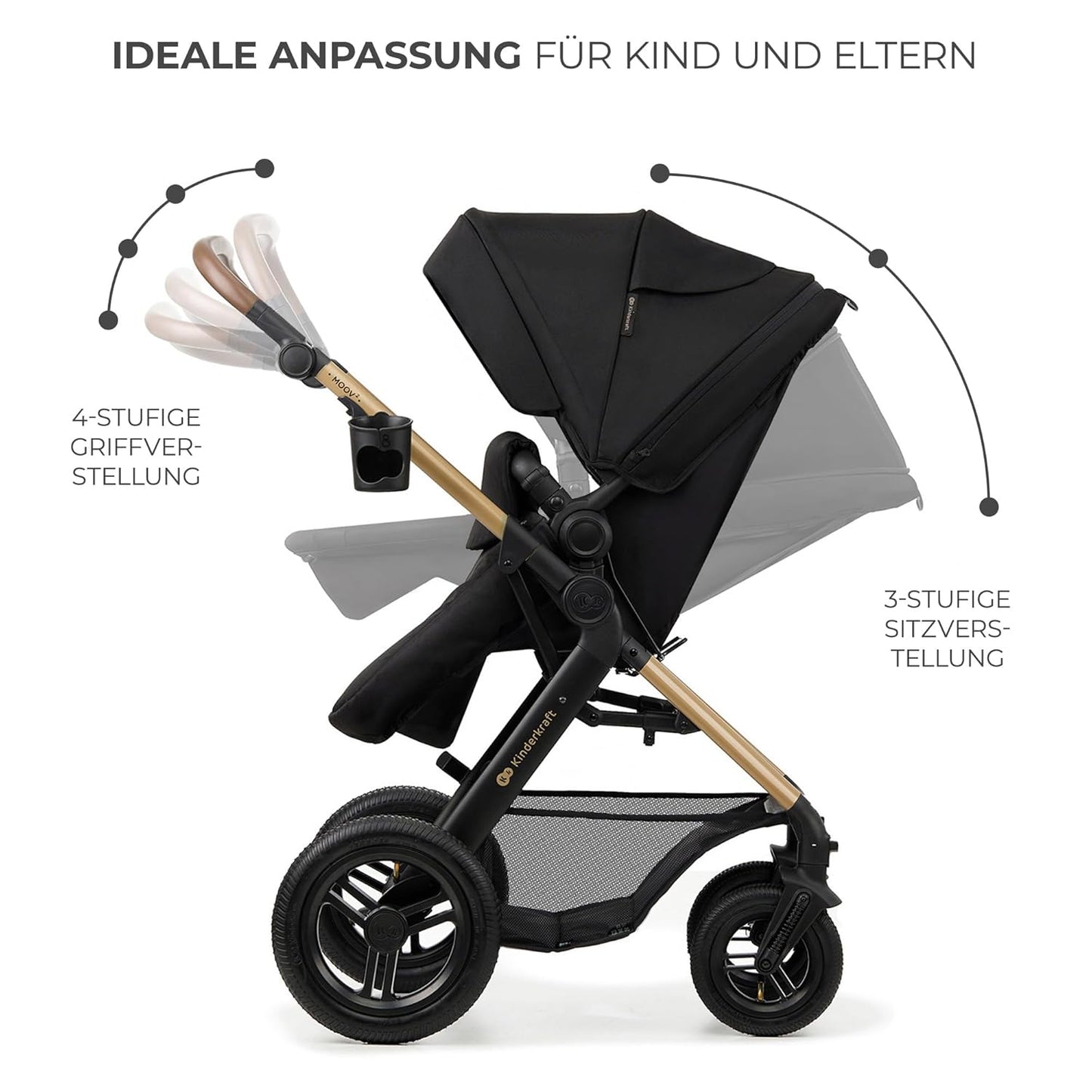 Kinderkraft MOOV2 AIR Kinderwagen 3 in 1 Kinderwagenset bis 26 kg mit Kindersitz I-SIZE 40-75 cm, Buggy Funktion, Liegeposition verstellbar, Große ausziehbare Verdeck, Aufblasbare Räder, Schwarz