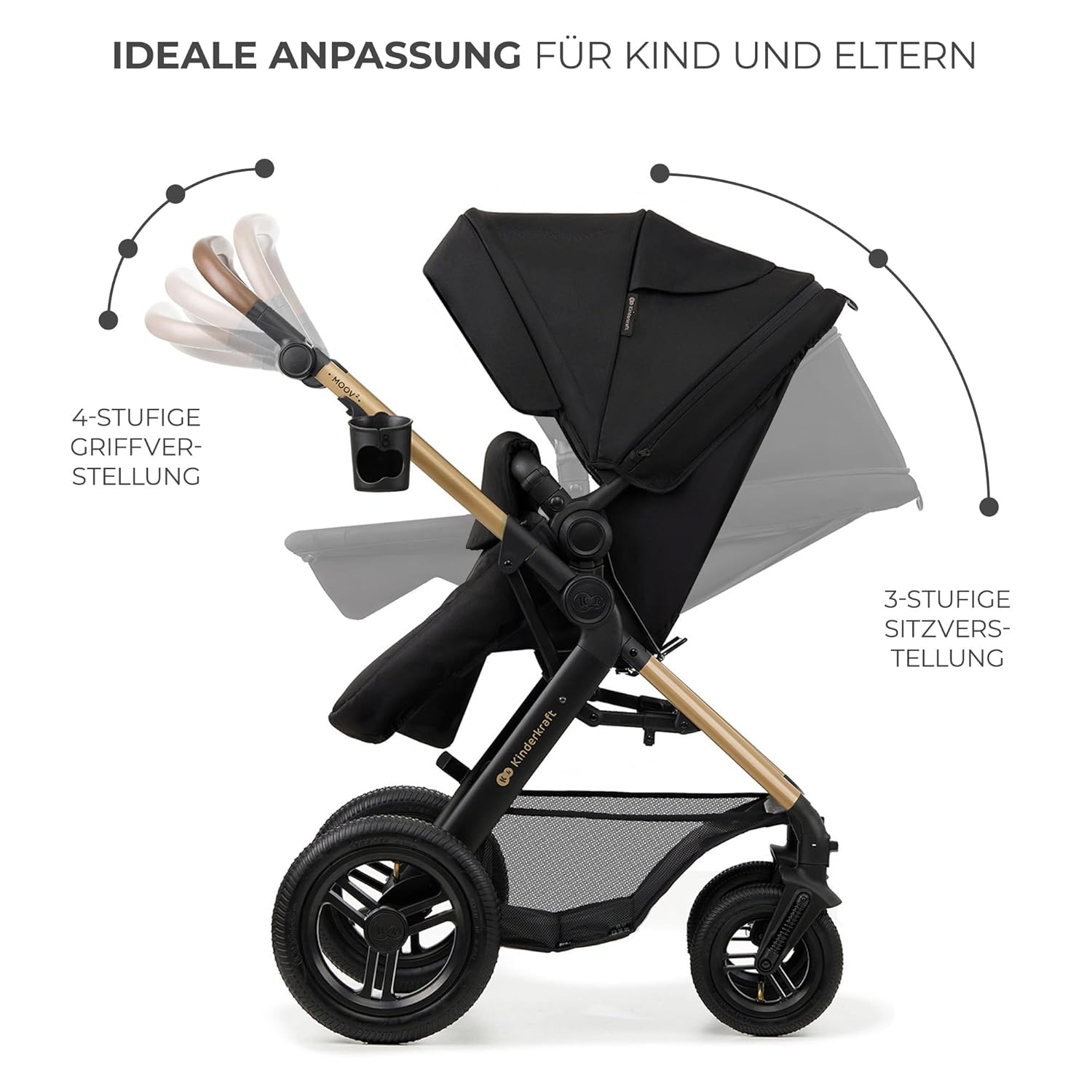 Kinderkraft MOOV2 AIR Kinderwagen 3 in 1 Kinderwagenset bis 26 kg mit Kindersitz I-SIZE 40-75 cm, Buggy Funktion, Liegeposition verstellbar, Große ausziehbare Verdeck, Aufblasbare Räder, Schwarz