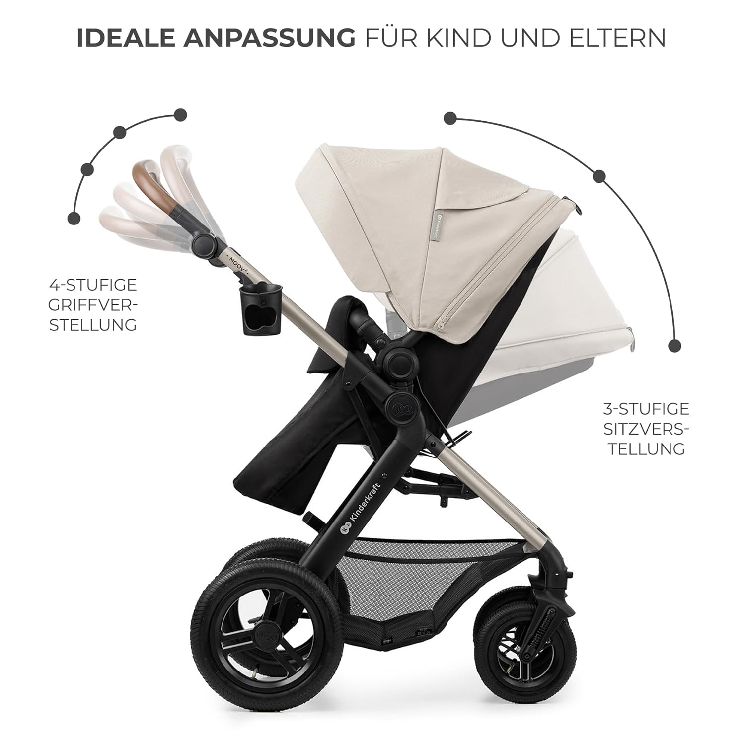 Kinderkraft MOOV2 AIR Kinderwagen 3 in 1 Kinderwagenset bis 26 kg mit Kindersitz I-SIZE 40-75 cm, Buggy Funktion, Liegeposition verstellbar, Große ausziehbare Verdeck, Aufblasbare Räder, Schwarz