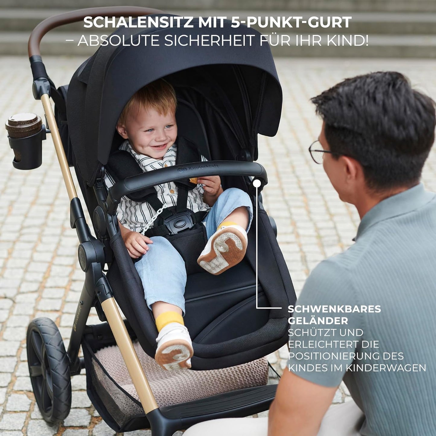 Kinderkraft MOOV2 AIR Kinderwagen 3 in 1 Kinderwagenset bis 26 kg mit Kindersitz I-SIZE 40-75 cm, Buggy Funktion, Liegeposition verstellbar, Große ausziehbare Verdeck, Aufblasbare Räder, Schwarz