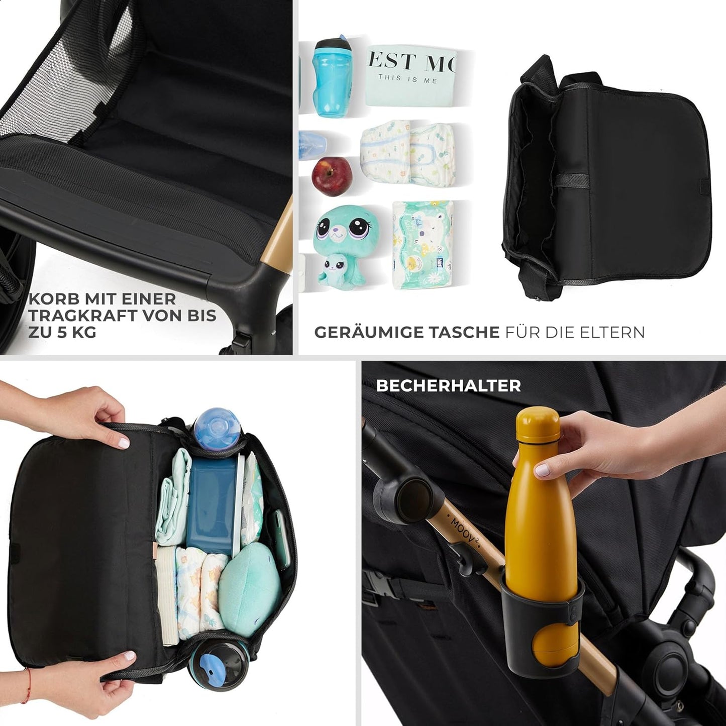 Kinderkraft MOOV2 AIR Kinderwagen 3 in 1 Kinderwagenset bis 26 kg mit Kindersitz I-SIZE 40-75 cm, Buggy Funktion, Liegeposition verstellbar, Große ausziehbare Verdeck, Aufblasbare Räder, Schwarz