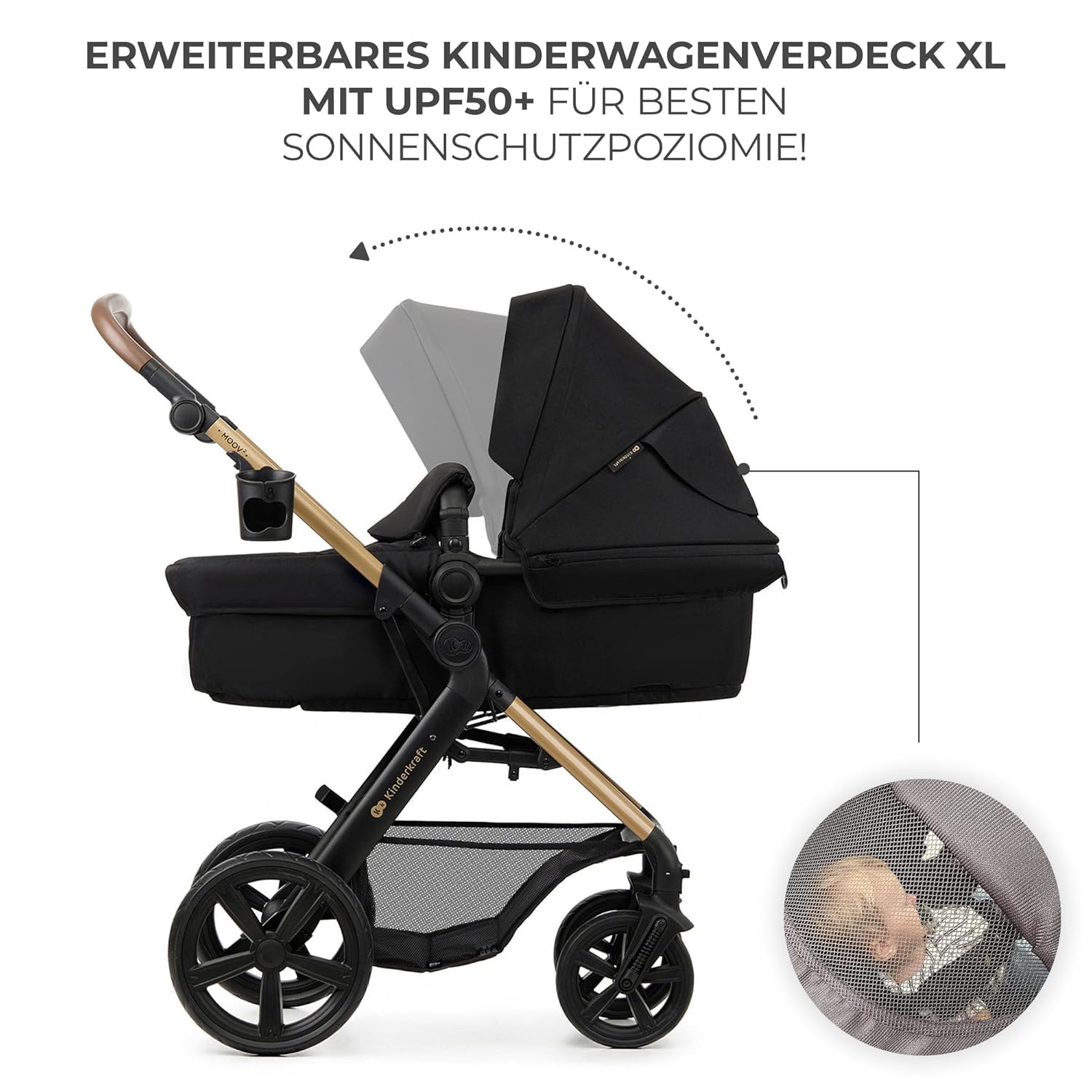 Kinderkraft MOOV2 AIR Kinderwagen 3 in 1 Kinderwagenset bis 26 kg mit Kindersitz I-SIZE 40-75 cm, Buggy Funktion, Liegeposition verstellbar, Große ausziehbare Verdeck, Aufblasbare Räder, Schwarz