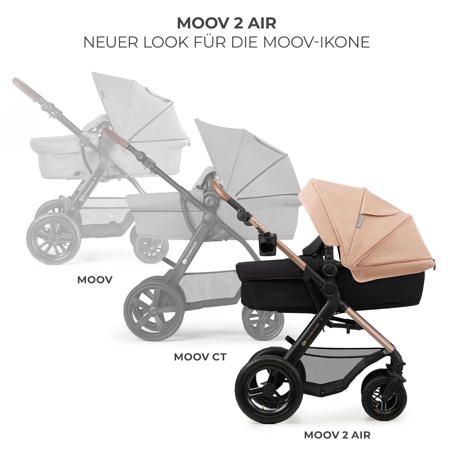 Kinderkraft MOOV2 AIR Kinderwagen 3 in 1 Kinderwagenset bis 26 kg mit Kindersitz I-SIZE 40-75 cm, Buggy Funktion, Liegeposition verstellbar, Große ausziehbare Verdeck, Aufblasbare Räder, Schwarz