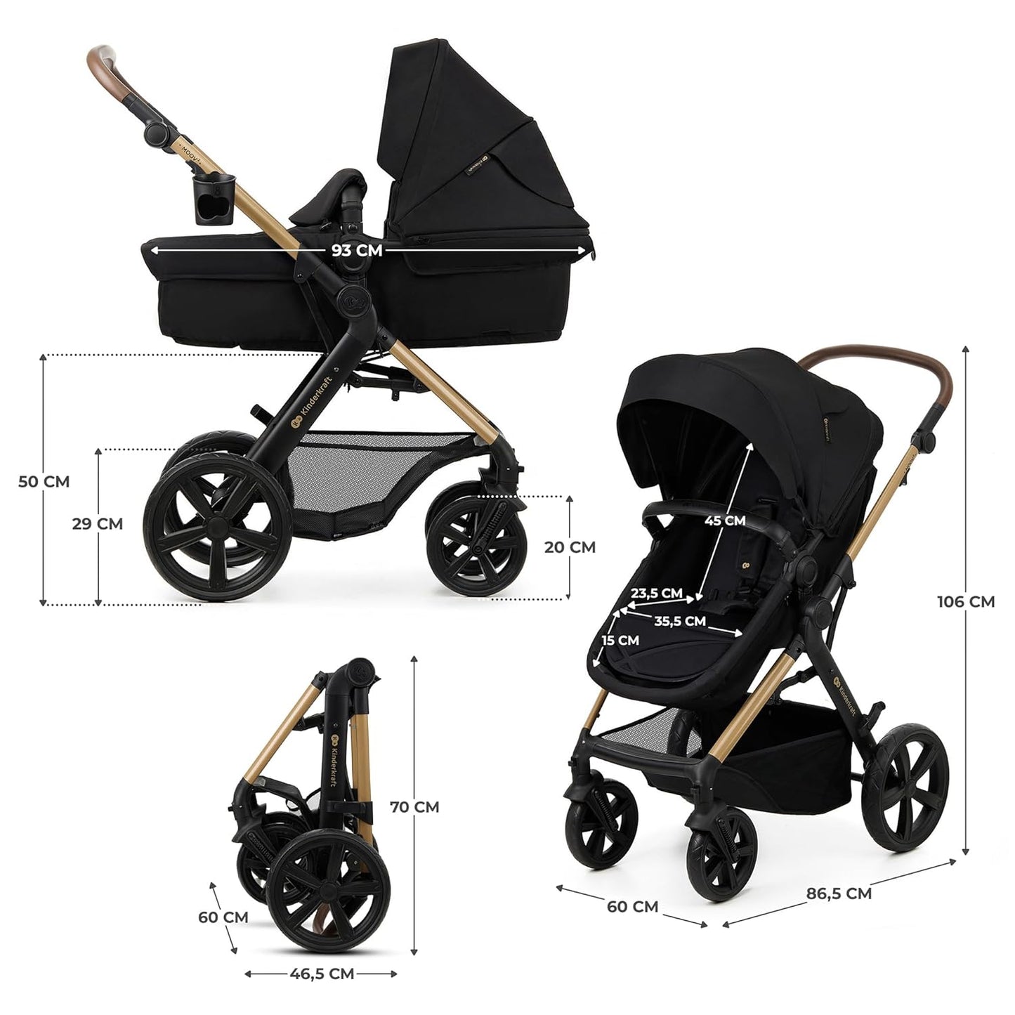 Kinderkraft MOOV2 AIR Kinderwagen 3 in 1 Kinderwagenset bis 26 kg mit Kindersitz I-SIZE 40-75 cm, Buggy Funktion, Liegeposition verstellbar, Große ausziehbare Verdeck, Aufblasbare Räder, Schwarz