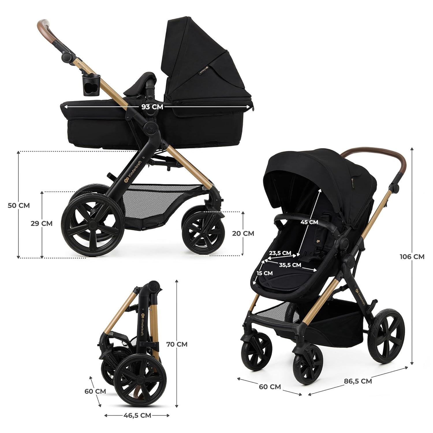 Kinderkraft MOOV2 AIR Kinderwagen 3 in 1 Kinderwagenset bis 26 kg mit Kindersitz I-SIZE 40-75 cm, Buggy Funktion, Liegeposition verstellbar, Große ausziehbare Verdeck, Aufblasbare Räder, Schwarz