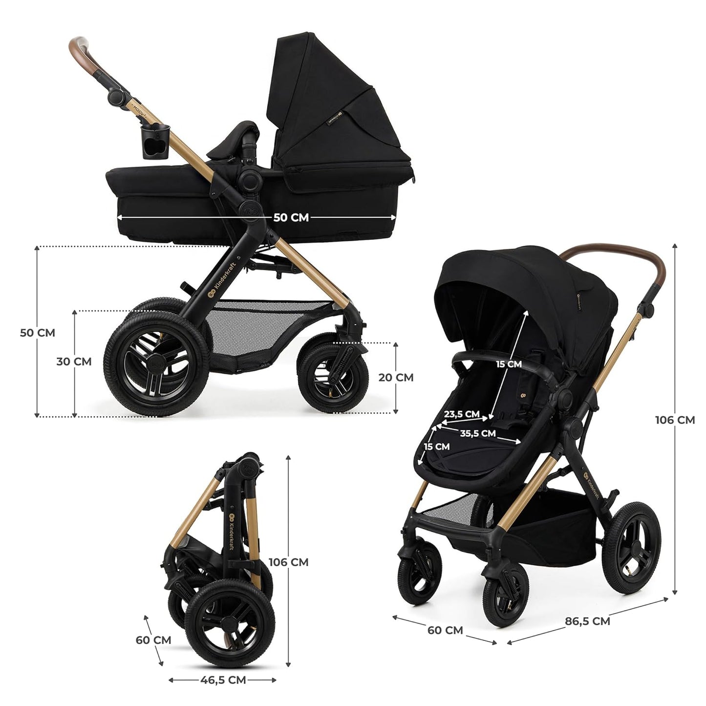 Kinderkraft MOOV2 AIR Kinderwagen 3 in 1 Kinderwagenset bis 26 kg mit Kindersitz I-SIZE 40-75 cm, Buggy Funktion, Liegeposition verstellbar, Große ausziehbare Verdeck, Aufblasbare Räder, Schwarz