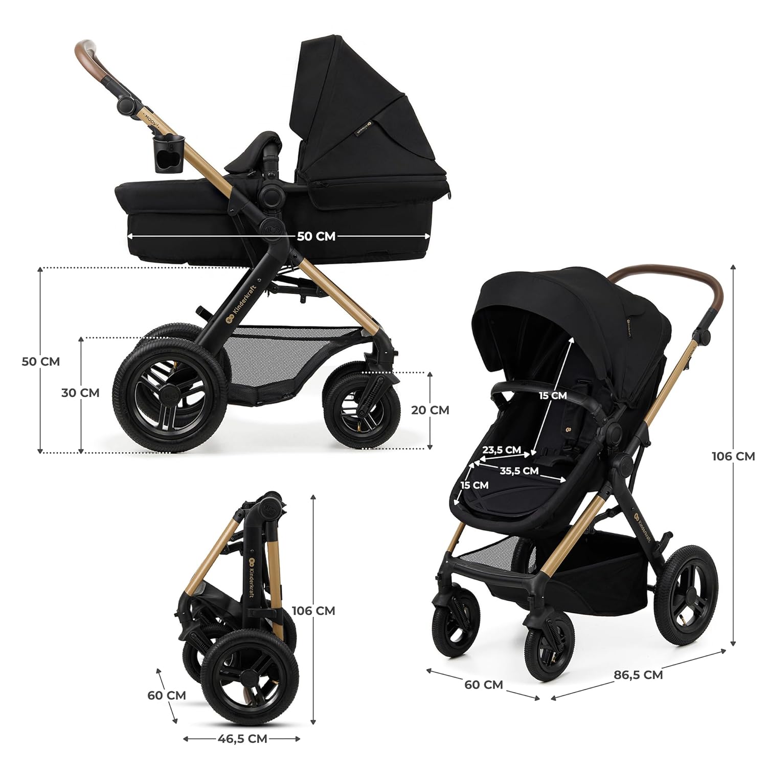 Kinderkraft MOOV2 AIR Kinderwagen 3 in 1 Kinderwagenset bis 26 kg mit Kindersitz I-SIZE 40-75 cm, Buggy Funktion, Liegeposition verstellbar, Große ausziehbare Verdeck, Aufblasbare Räder, Schwarz