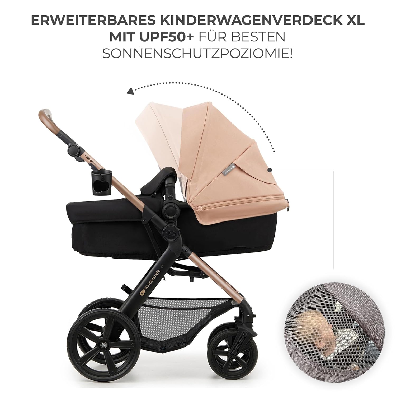 Kinderkraft MOOV2 AIR Kinderwagen 3 in 1 Kinderwagenset bis 26 kg mit Kindersitz I-SIZE 40-75 cm, Buggy Funktion, Liegeposition verstellbar, Große ausziehbare Verdeck, Aufblasbare Räder, Schwarz