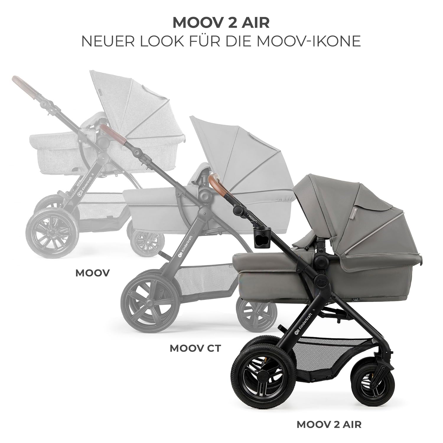 Kinderkraft MOOV2 AIR Kinderwagen 3 in 1 Kinderwagenset bis 26 kg mit Kindersitz I-SIZE 40-75 cm, Buggy Funktion, Liegeposition verstellbar, Große ausziehbare Verdeck, Aufblasbare Räder, Schwarz