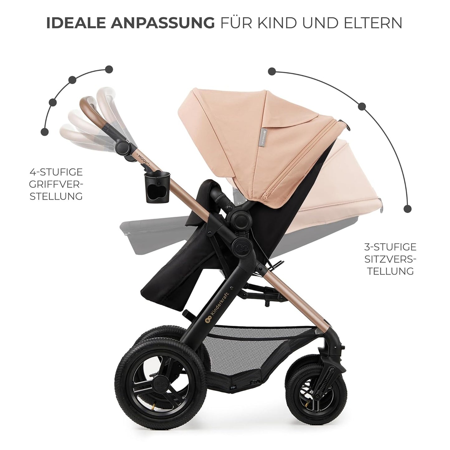 Kinderkraft MOOV2 AIR Kinderwagen 3 in 1 Kinderwagenset bis 26 kg mit Kindersitz I-SIZE 40-75 cm, Buggy Funktion, Liegeposition verstellbar, Große ausziehbare Verdeck, Aufblasbare Räder, Schwarz