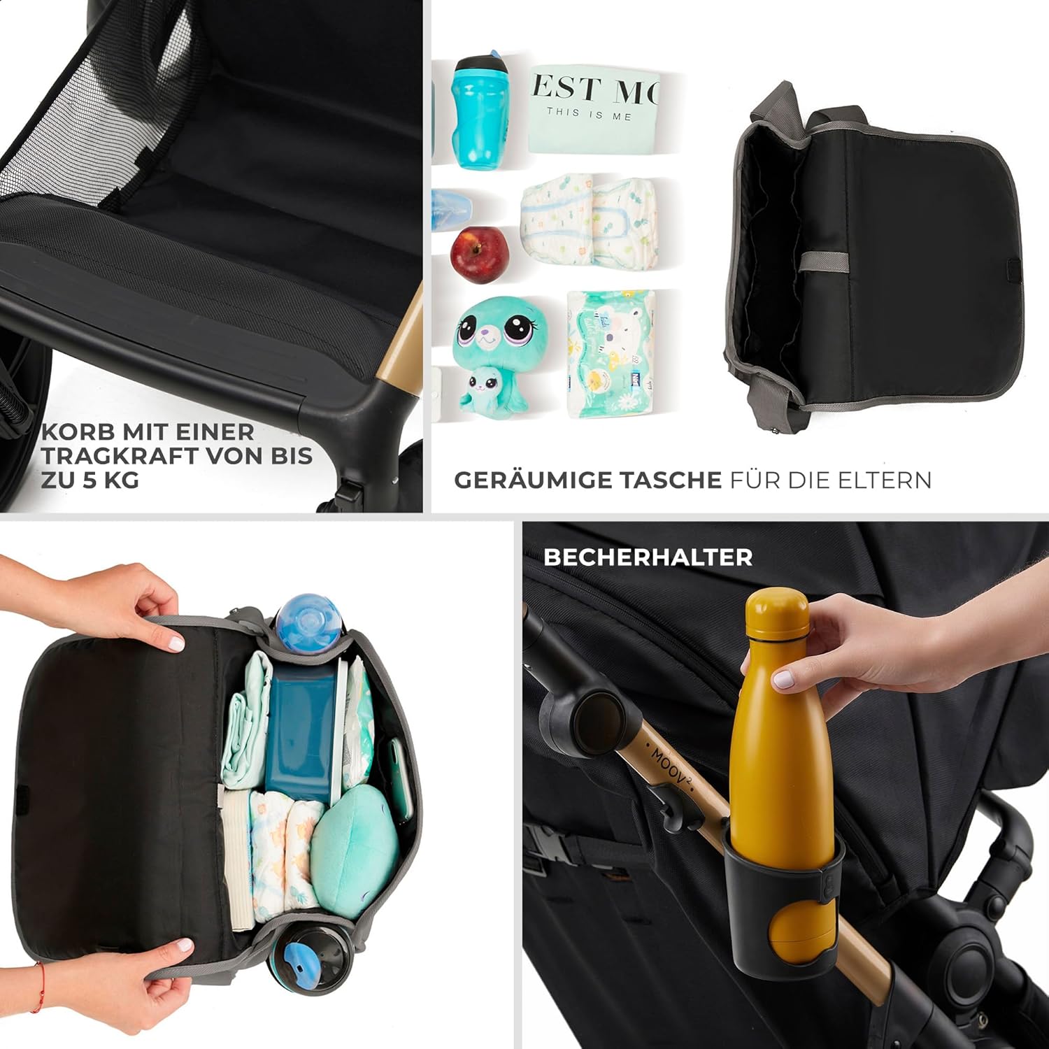 Kinderkraft MOOV2 AIR Kinderwagen 3 in 1 Kinderwagenset bis 26 kg mit Kindersitz I-SIZE 40-75 cm, Buggy Funktion, Liegeposition verstellbar, Große ausziehbare Verdeck, Aufblasbare Räder, Schwarz