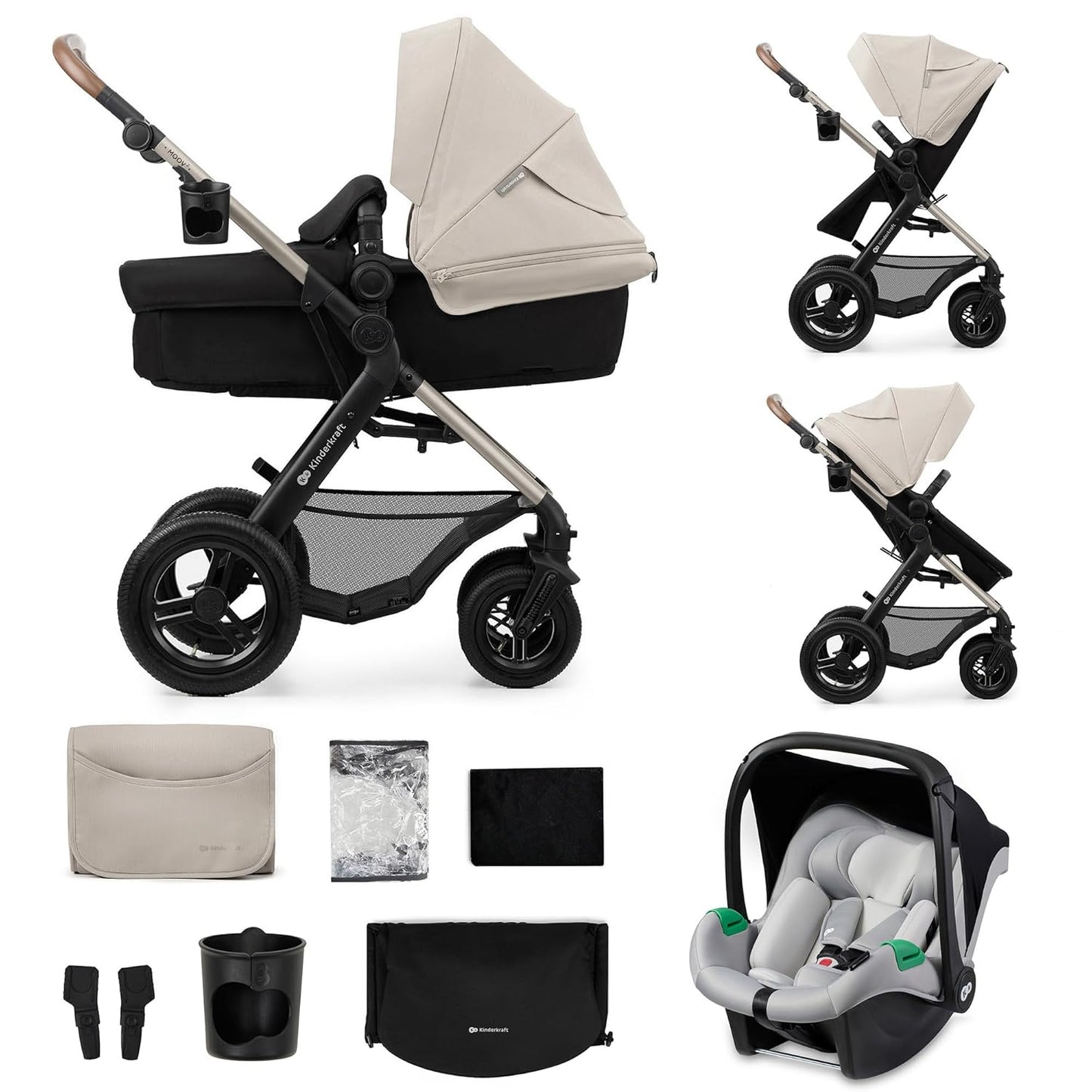 Kinderkraft MOOV2 AIR Kinderwagen 3 in 1 Kinderwagenset bis 26 kg mit Kindersitz I-SIZE 40-75 cm, Buggy Funktion, Liegeposition verstellbar, Große ausziehbare Verdeck, Aufblasbare Räder, Schwarz