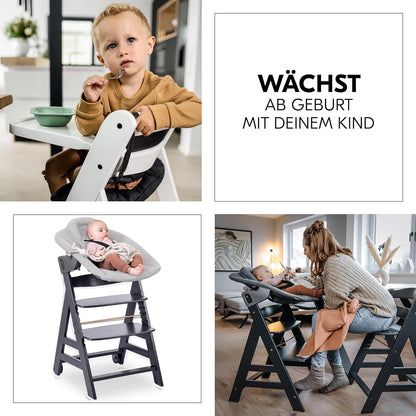 hauck Hochstuhl Beta+ Newborn Set Premium Dark Grey - Babyhochstuhl Set ab Geburt mit Neugeborenen Aufsatz Bouncer, Sitzpolster und Essbrett - Dark Grey