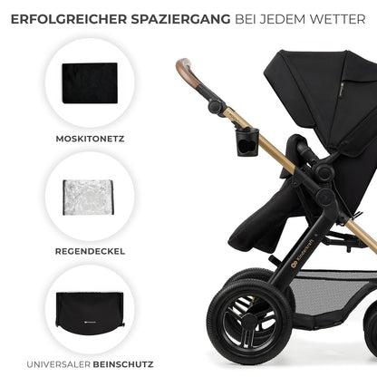 Kinderkraft MOOV2 AIR Kinderwagen 3 in 1 Kinderwagenset bis 26 kg mit Kindersitz I-SIZE 40-75 cm, Buggy Funktion, Liegeposition verstellbar, Große ausziehbare Verdeck, Aufblasbare Räder, Schwarz