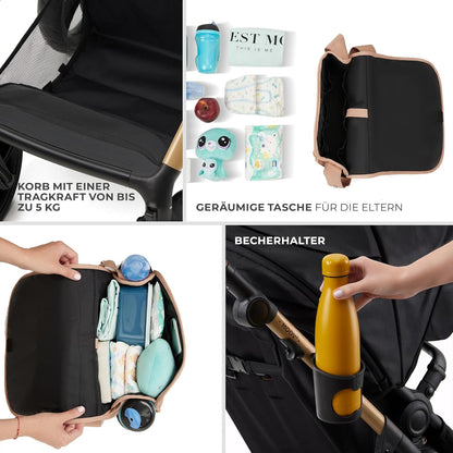 Kinderkraft MOOV2 AIR Kinderwagen 3 in 1 Kinderwagenset bis 26 kg mit Kindersitz I-SIZE 40-75 cm, Buggy Funktion, Liegeposition verstellbar, Große ausziehbare Verdeck, Aufblasbare Räder, Schwarz