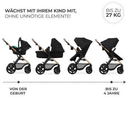 Kinderkraft MOOV2 AIR Kinderwagen 3 in 1 Kinderwagenset bis 26 kg mit Kindersitz I-SIZE 40-75 cm, Buggy Funktion, Liegeposition verstellbar, Große ausziehbare Verdeck, Aufblasbare Räder, Schwarz