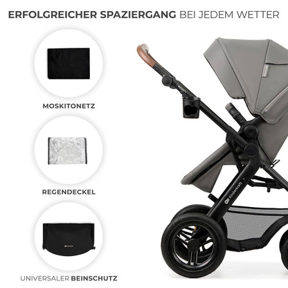 Kinderkraft MOOV2 AIR Kinderwagen 3 in 1 Kinderwagenset bis 26 kg mit Kindersitz I-SIZE 40-75 cm, Buggy Funktion, Liegeposition verstellbar, Große ausziehbare Verdeck, Aufblasbare Räder, Schwarz