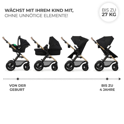 Kinderkraft MOOV2 AIR Kinderwagen 3 in 1 Kinderwagenset bis 26 kg mit Kindersitz I-SIZE 40-75 cm, Buggy Funktion, Liegeposition verstellbar, Große ausziehbare Verdeck, Aufblasbare Räder, Schwarz