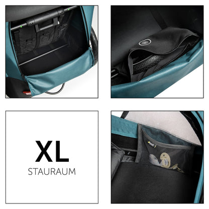 hauck Fahrradanhänger & Kinderwagen Dryk Duo Plus mit Federung, für 2 Kinder (6-48 Monate), inkl. Deichsel, Buggyrad, Fahne und LED Licht, Faltbar, Höhenverstellbar, XL Kofferaum (Dark Green)