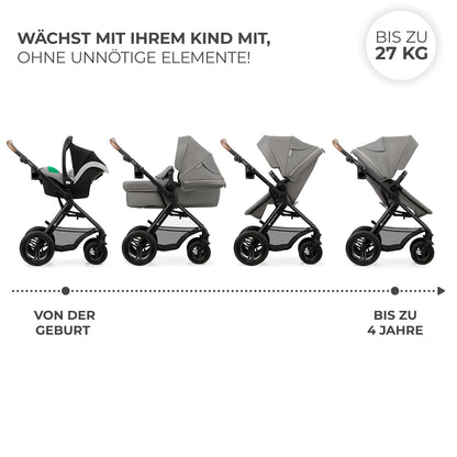 Kinderkraft MOOV2 AIR Kinderwagen 3 in 1 Kinderwagenset bis 26 kg mit Kindersitz I-SIZE 40-75 cm, Buggy Funktion, Liegeposition verstellbar, Große ausziehbare Verdeck, Aufblasbare Räder, Schwarz