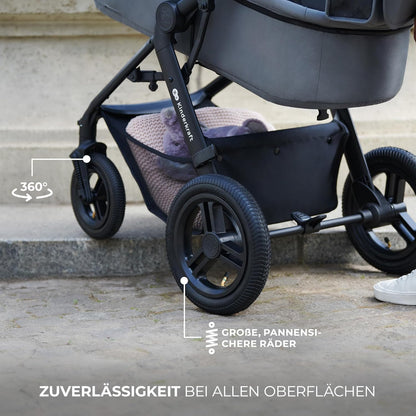 Kinderkraft MOOV2 AIR Kinderwagen 3 in 1 Kinderwagenset bis 26 kg mit Kindersitz I-SIZE 40-75 cm, Buggy Funktion, Liegeposition verstellbar, Große ausziehbare Verdeck, Aufblasbare Räder, Schwarz